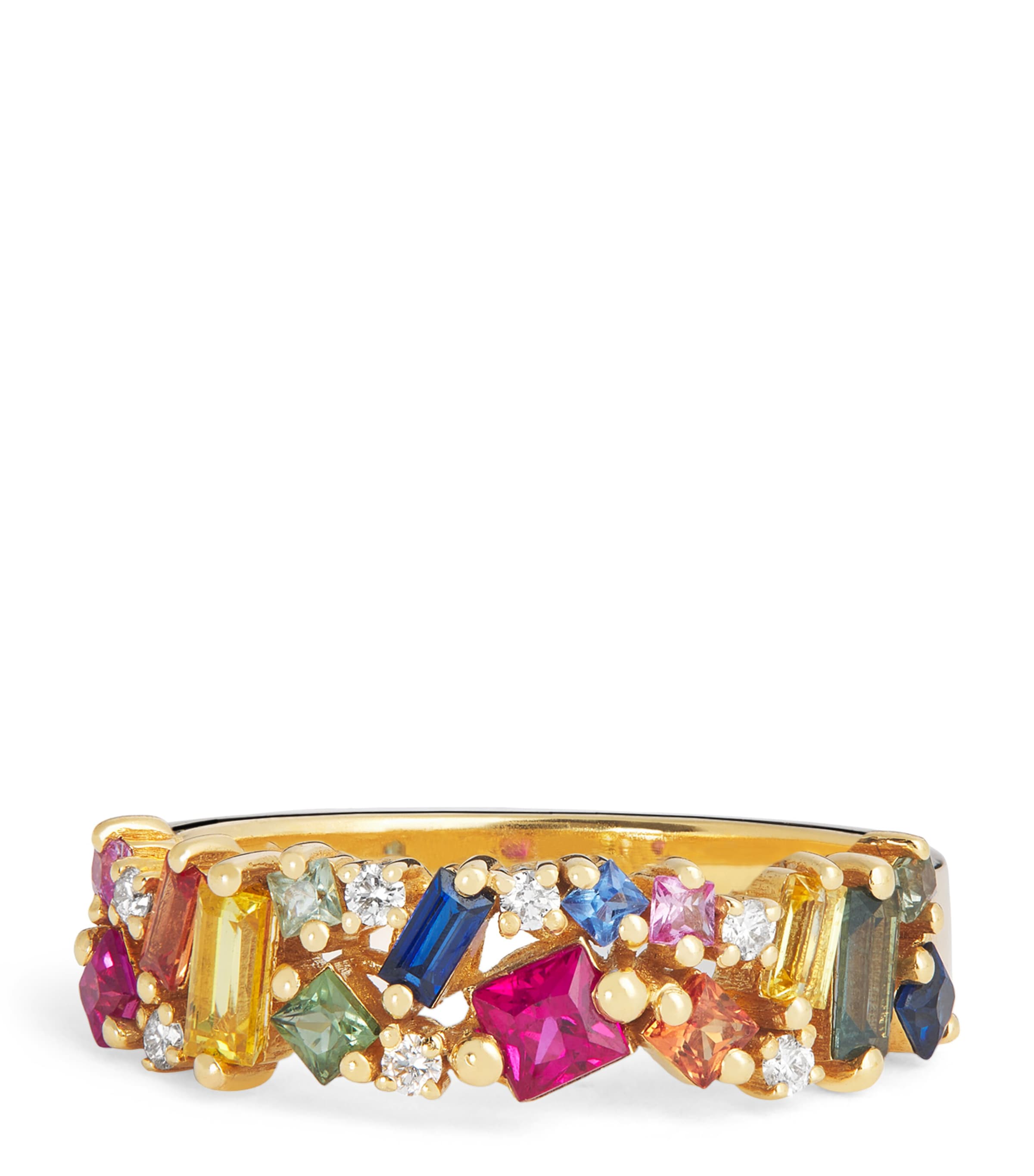 Suzanne Kalan Yellow Gold, Diamond And Rainbow Sapphire La Fantasie Half-band Ring In Multi