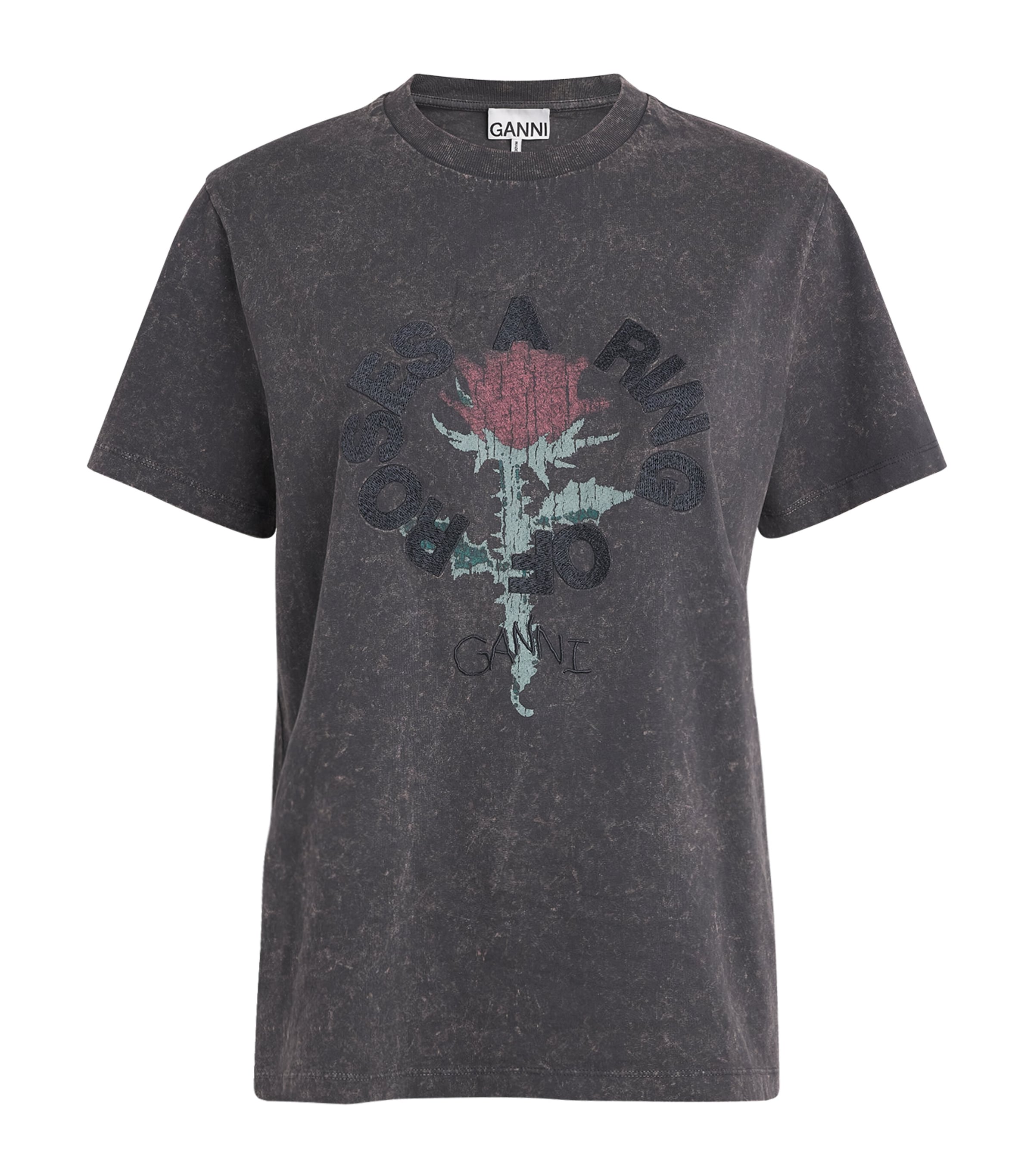 GANNI Womens Cotton Roses T-Shirt Phantom Image 1