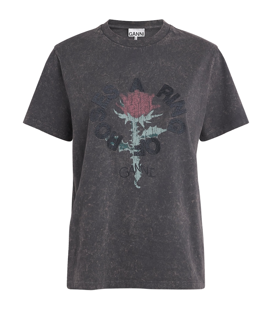 GANNI Womens Cotton Roses T-Shirt Phantom Image 1