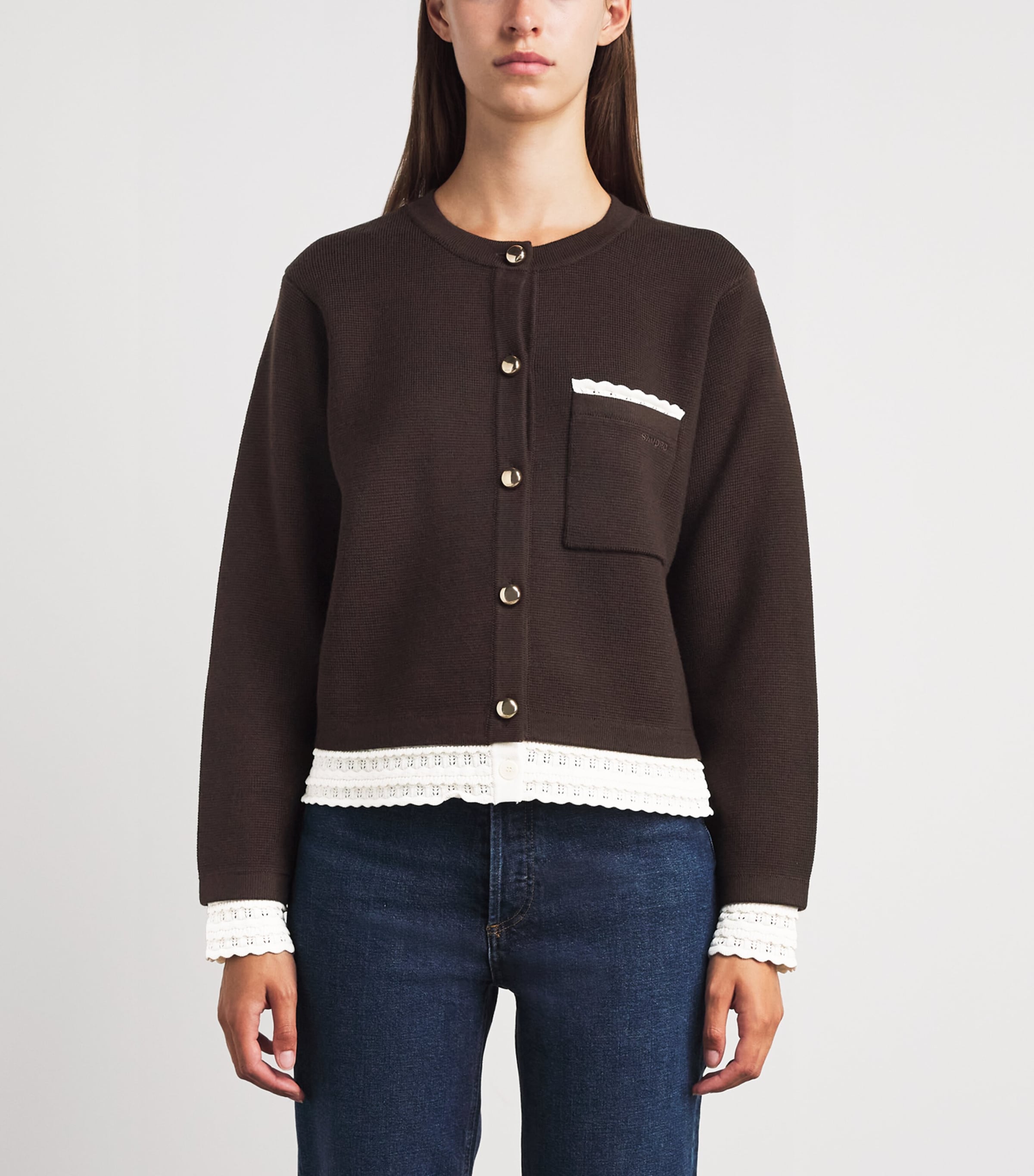 Sandro Paris Womens Lace-Detail Cardigan Brown Image 4