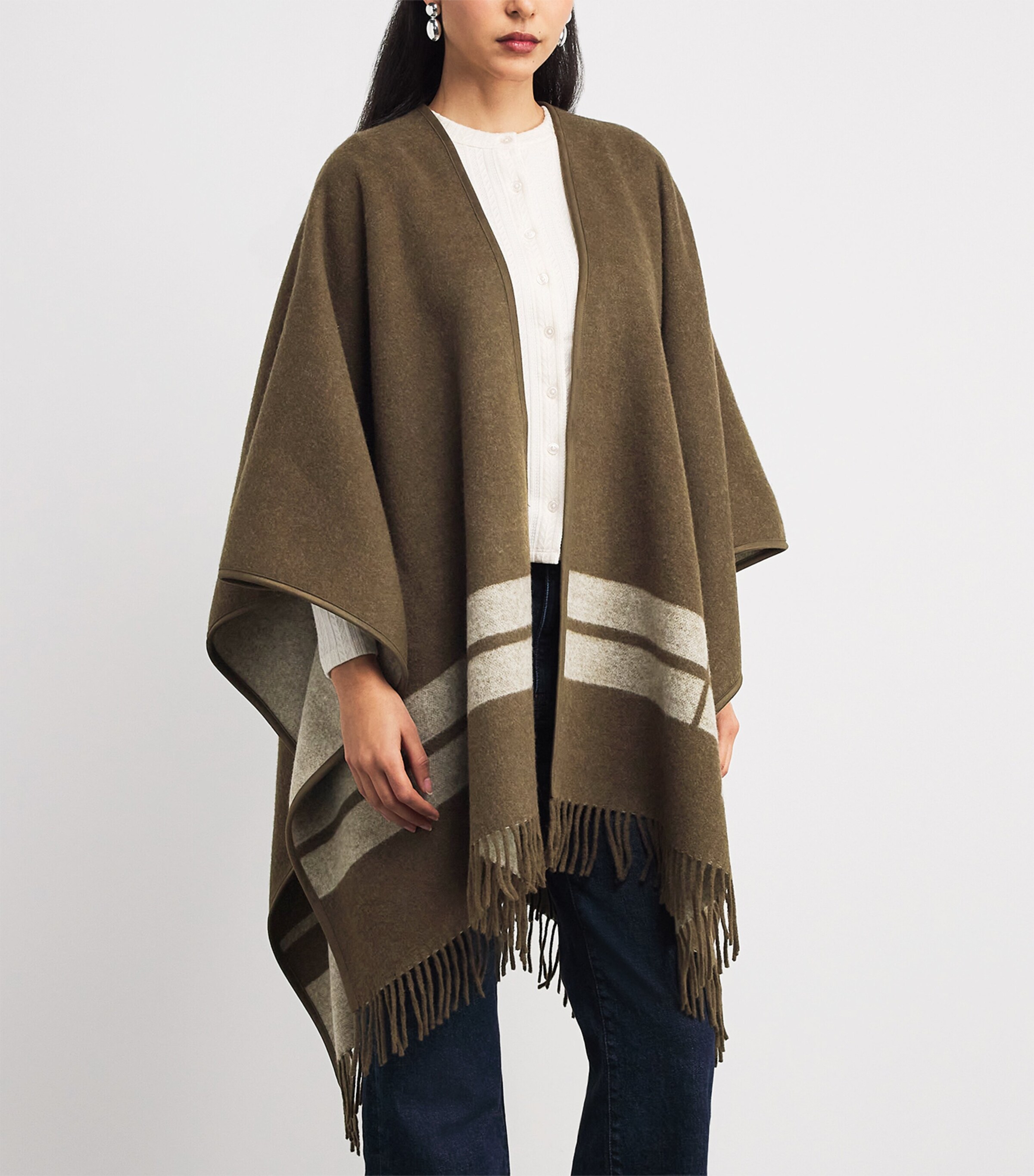 Tory Burch Womens Wool Stripe Logo Cape Brown Image 3