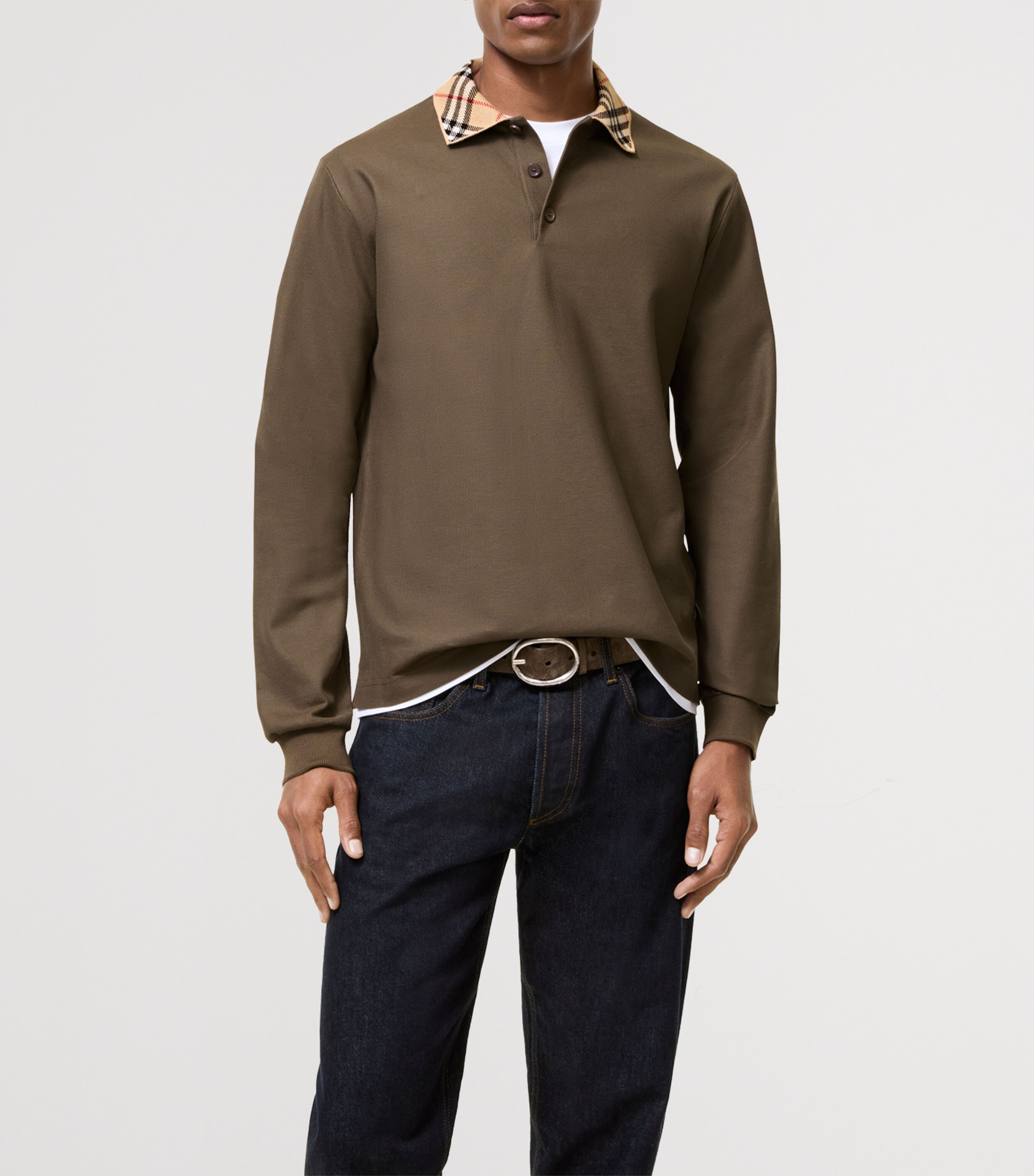 Burberry Mens Cotton Check-Collar Long-Sleeve Polo Shirt Sepia Brown Image 2