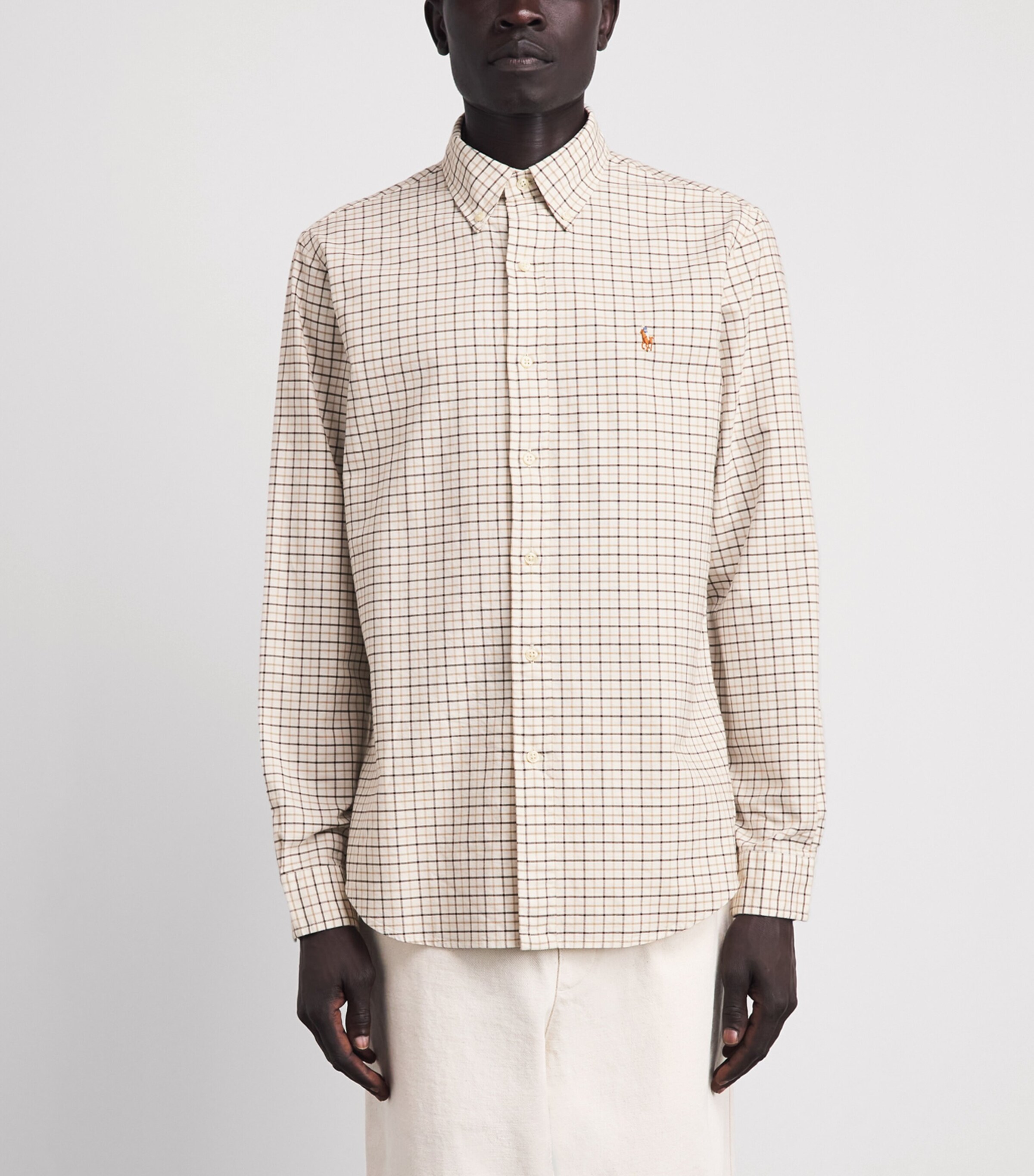 Polo Ralph Lauren Mens Custom-Fit Tattersall Oxford Shirt White Brn Mlt Image 4