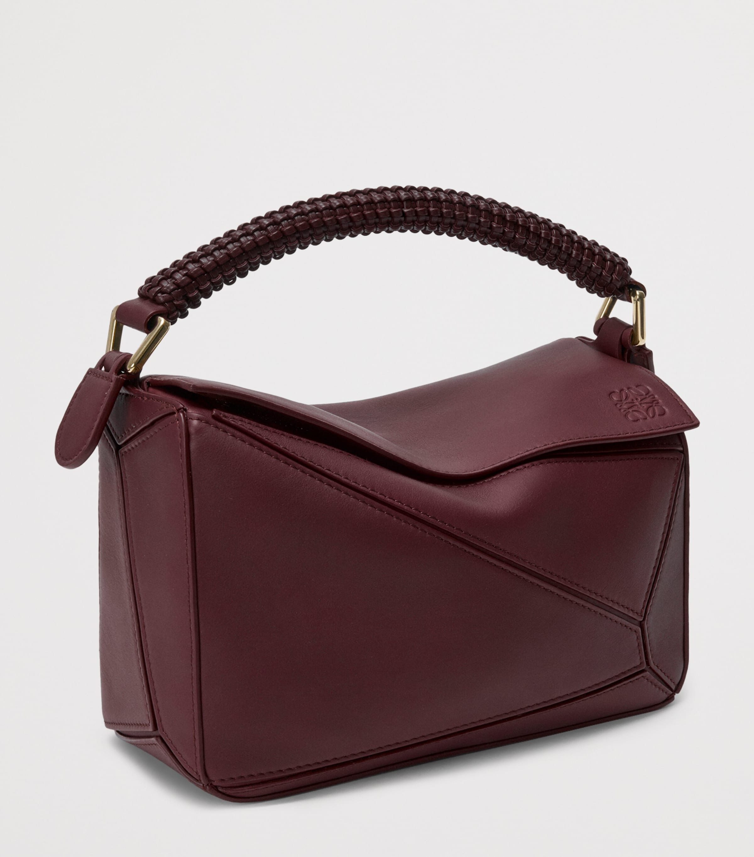 Small Leather Puzzle Woven Top-Handle Bag DARK BURGUNDY Image 2