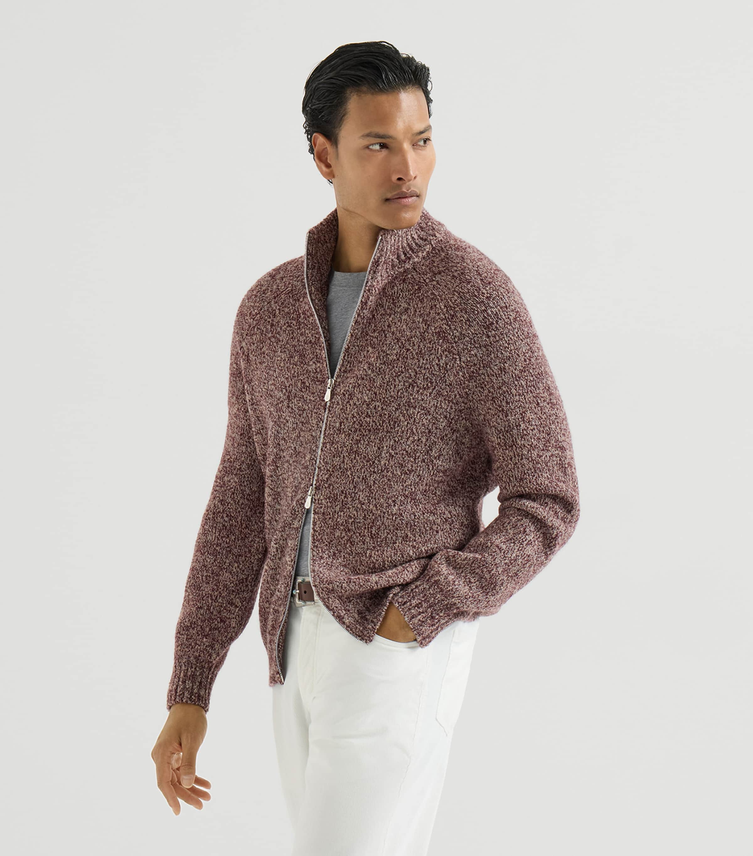 Brunello Cucinelli Mens Virgin Wool-Silk-Cashmere Cardigan Burgundy Image 2