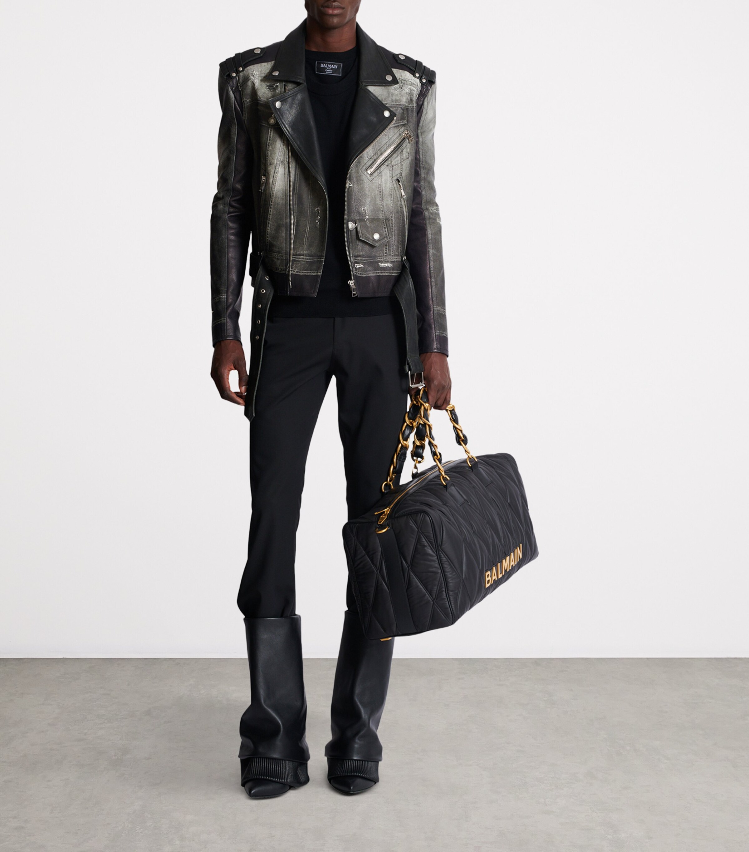 Balmain Mens Leather Denim Print Biker Jacker Yie Gris Denim/ Noir Image 8