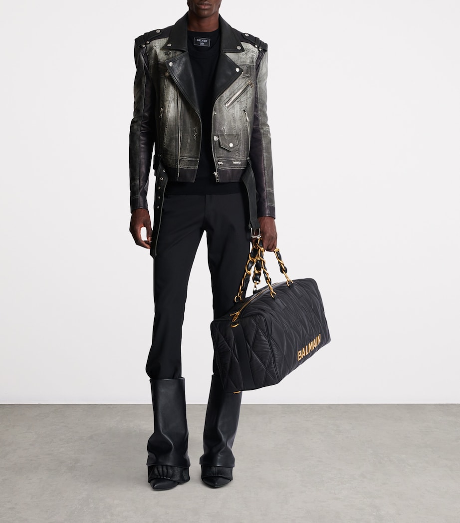 Balmain Mens Leather Denim Print Biker Jacker Yie Gris Denim/ Noir Image 8