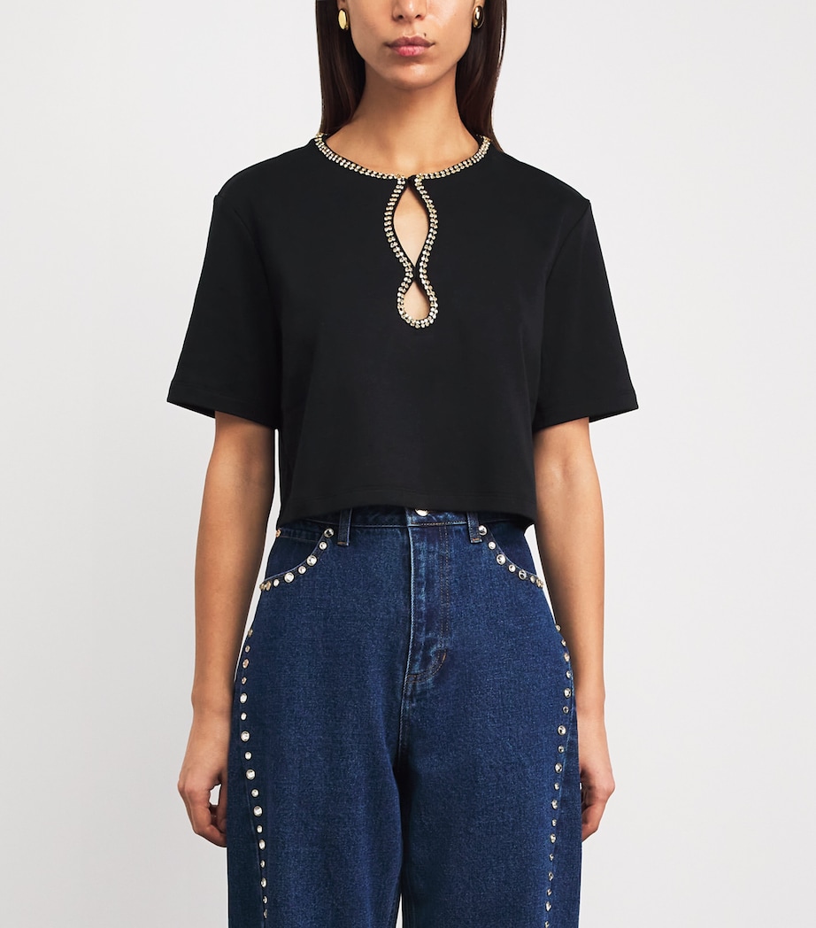 Sandro Paris Womens Rhinestone-Embellished Cropped T-Shirt Black Image 4