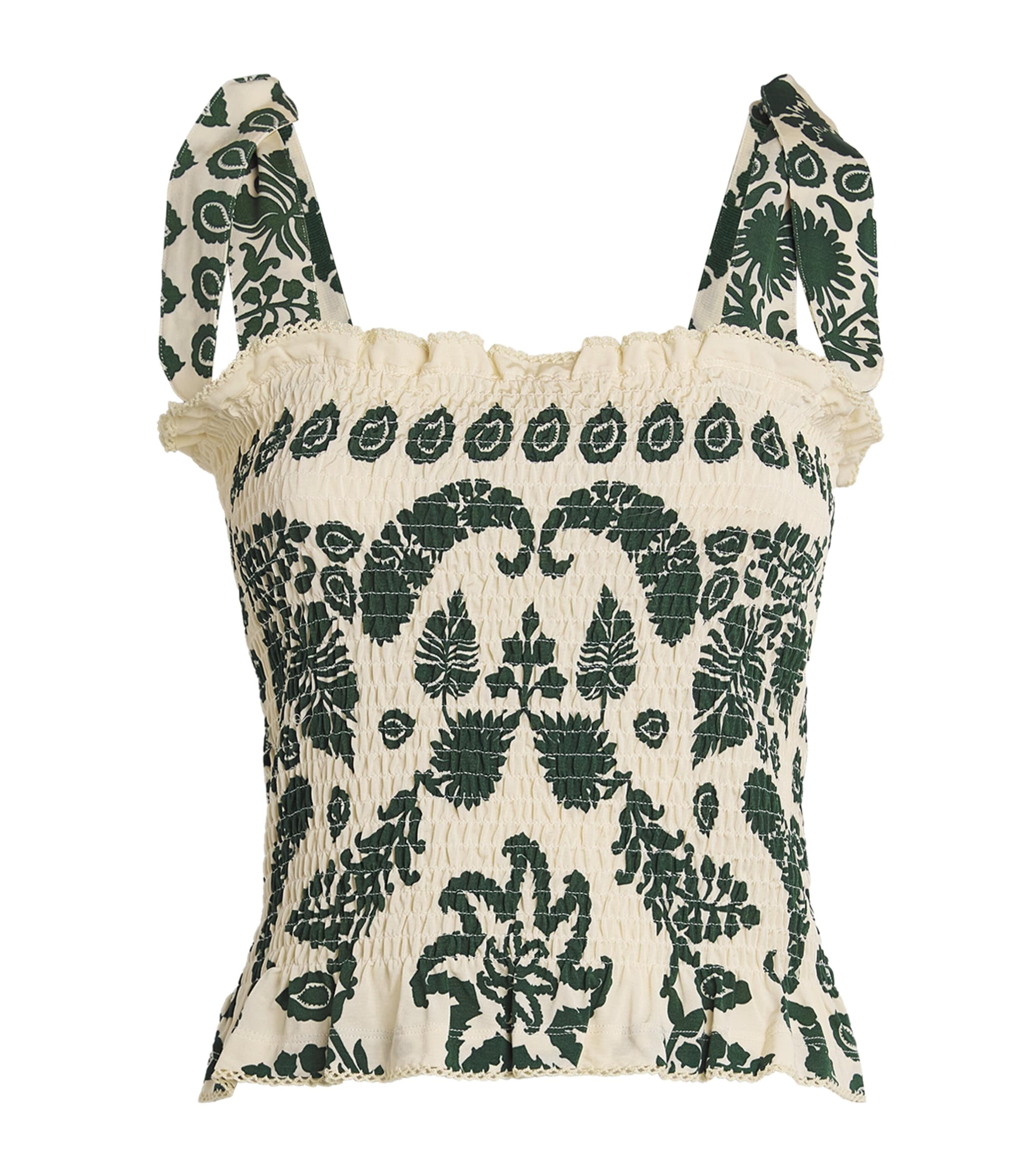 Sandro Floral Motif Smocked Top In Beige