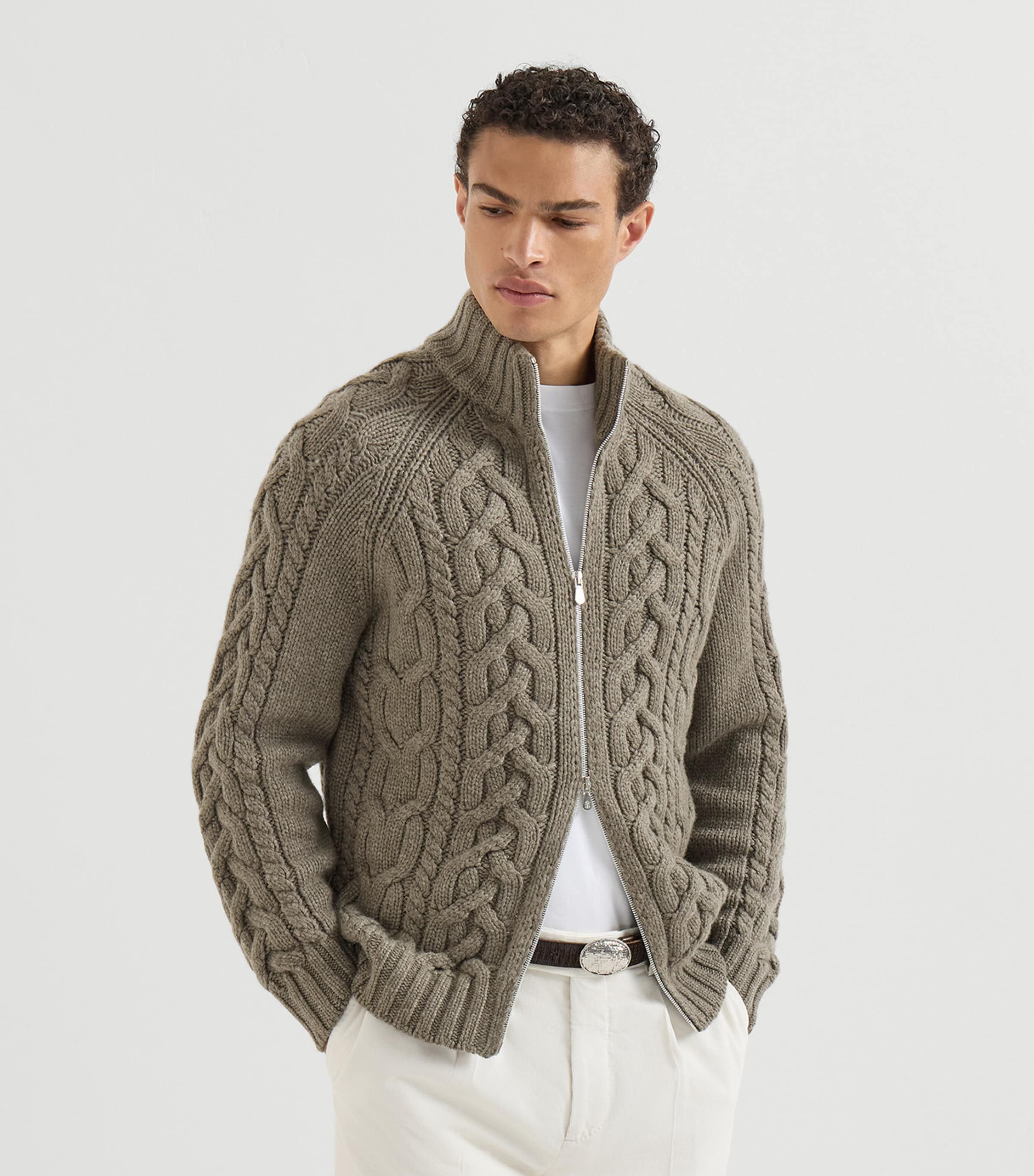 Brunello Cucinelli Mens Cashmere Cable-Knit Zip-Up Cardigan Army Washed Image 4