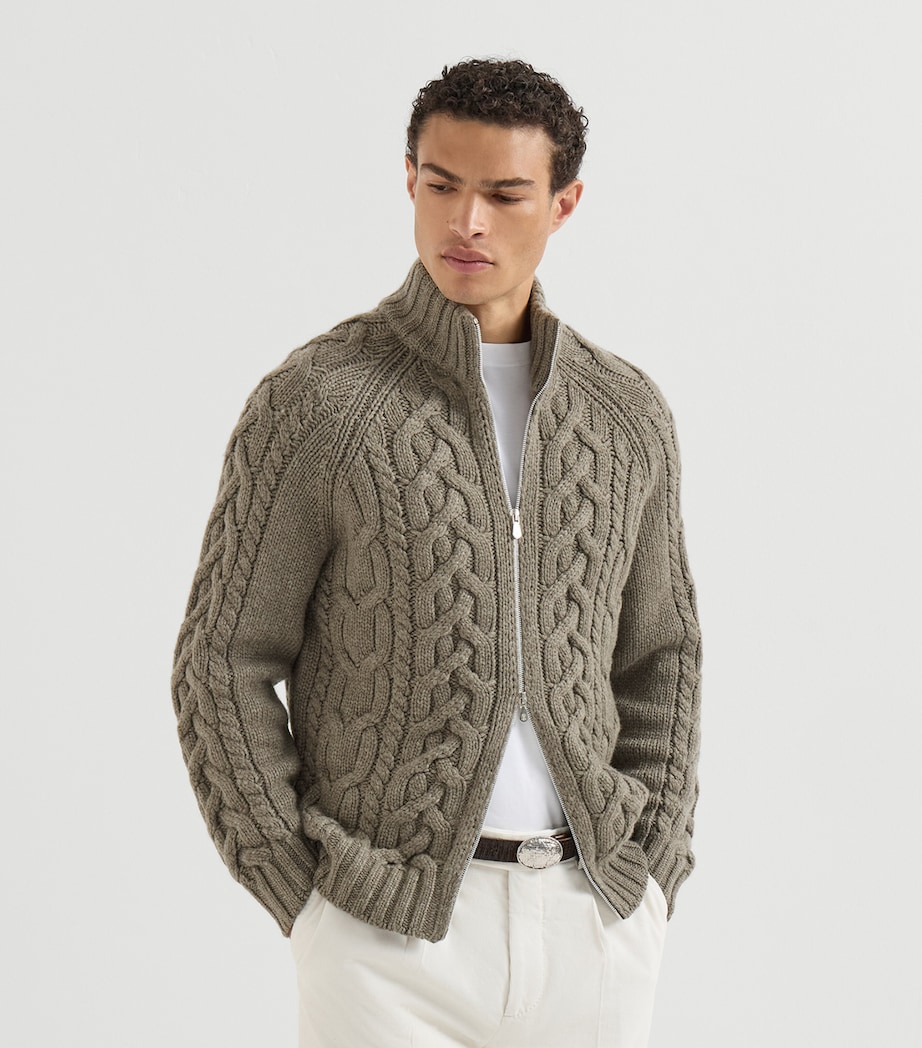 Brunello Cucinelli Mens Cashmere Cable-Knit Zip-Up Cardigan Army Washed Image 4