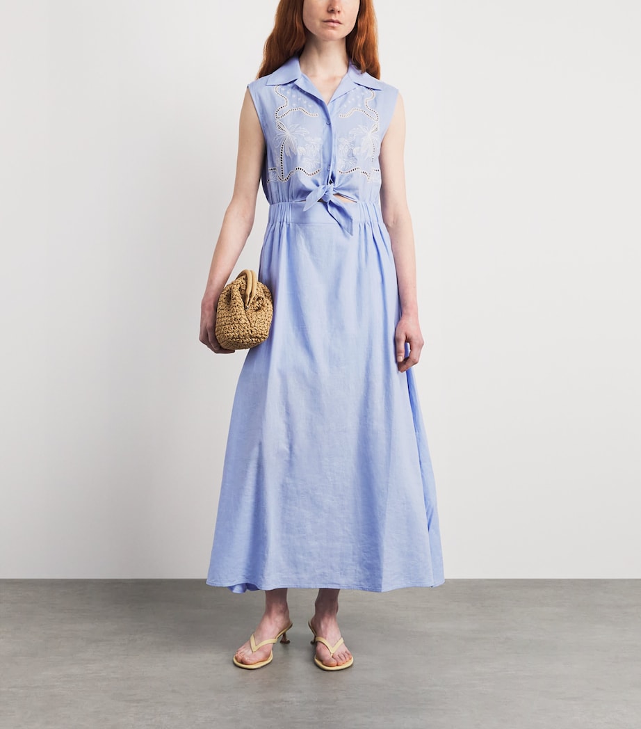 Sandro Paris Womens Linen-Blend Embroidered Maxi Dress Sky Blue Image 2