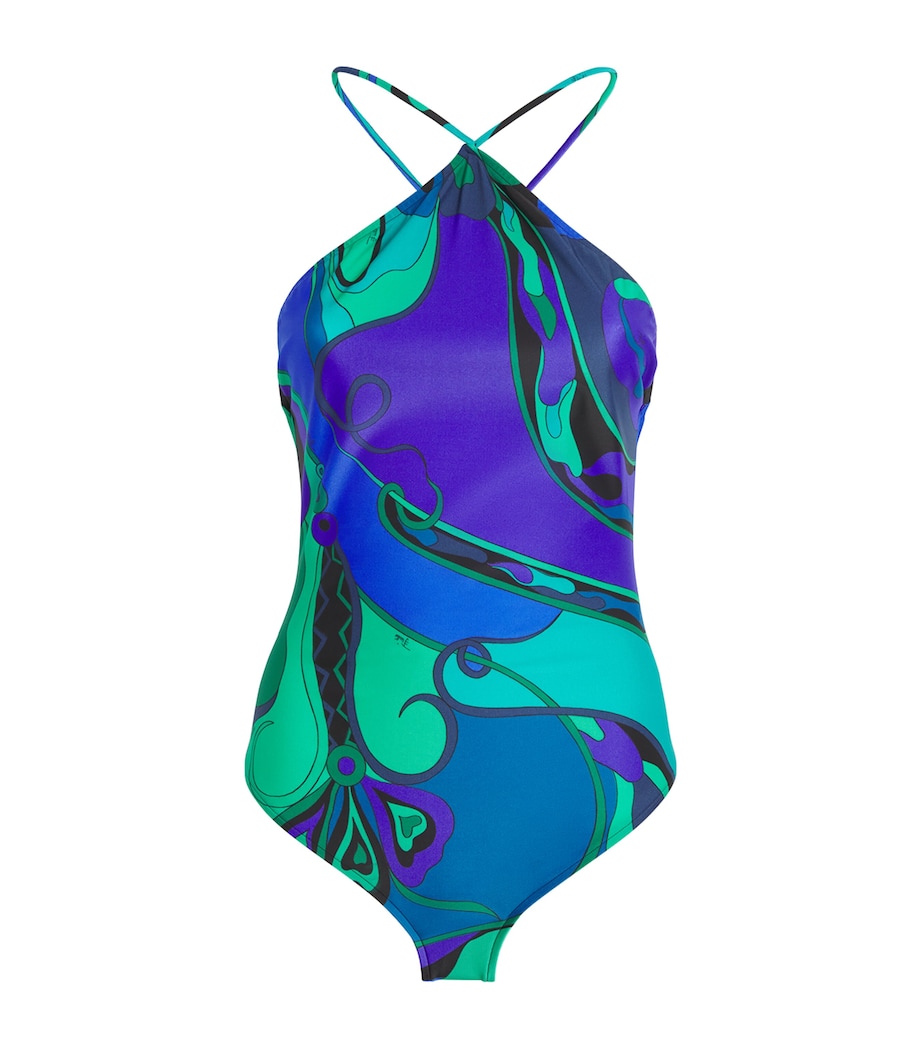 PUCCI Womens Orchidee Print Halterneck Swimsuit Smeraldo Image 1