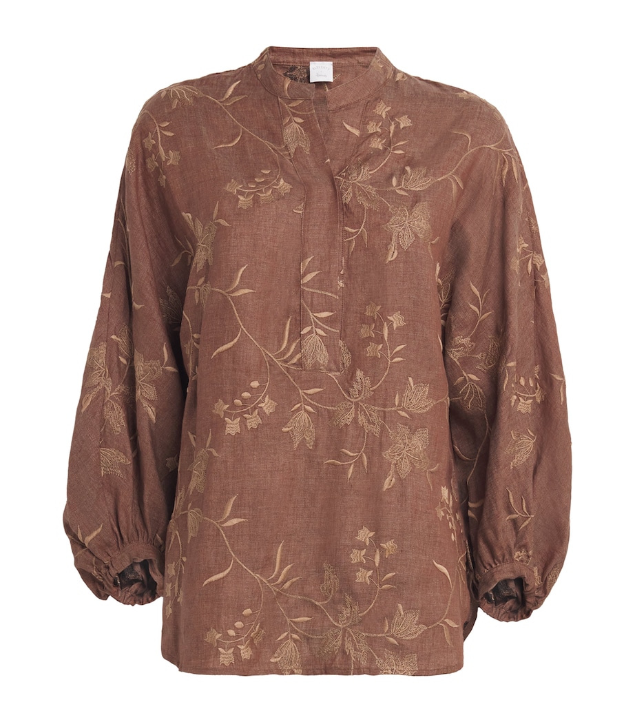 Eleventy Womens x Harrods Linen Floral-Embroidered Blouse Vicuna Image 1