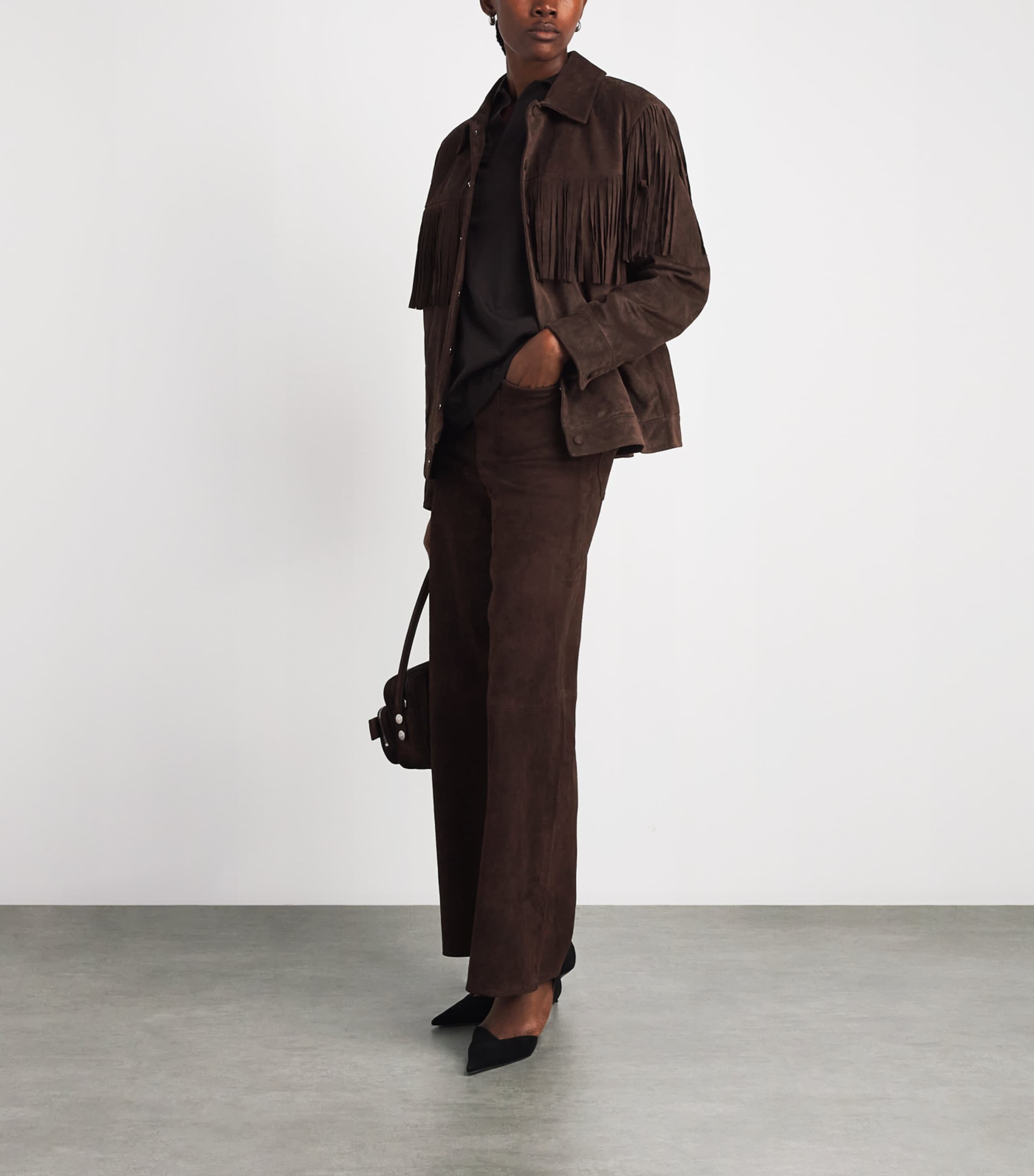 FRAME Womens Suede Fringe The Rodeo Jacket Chestnut Image 2