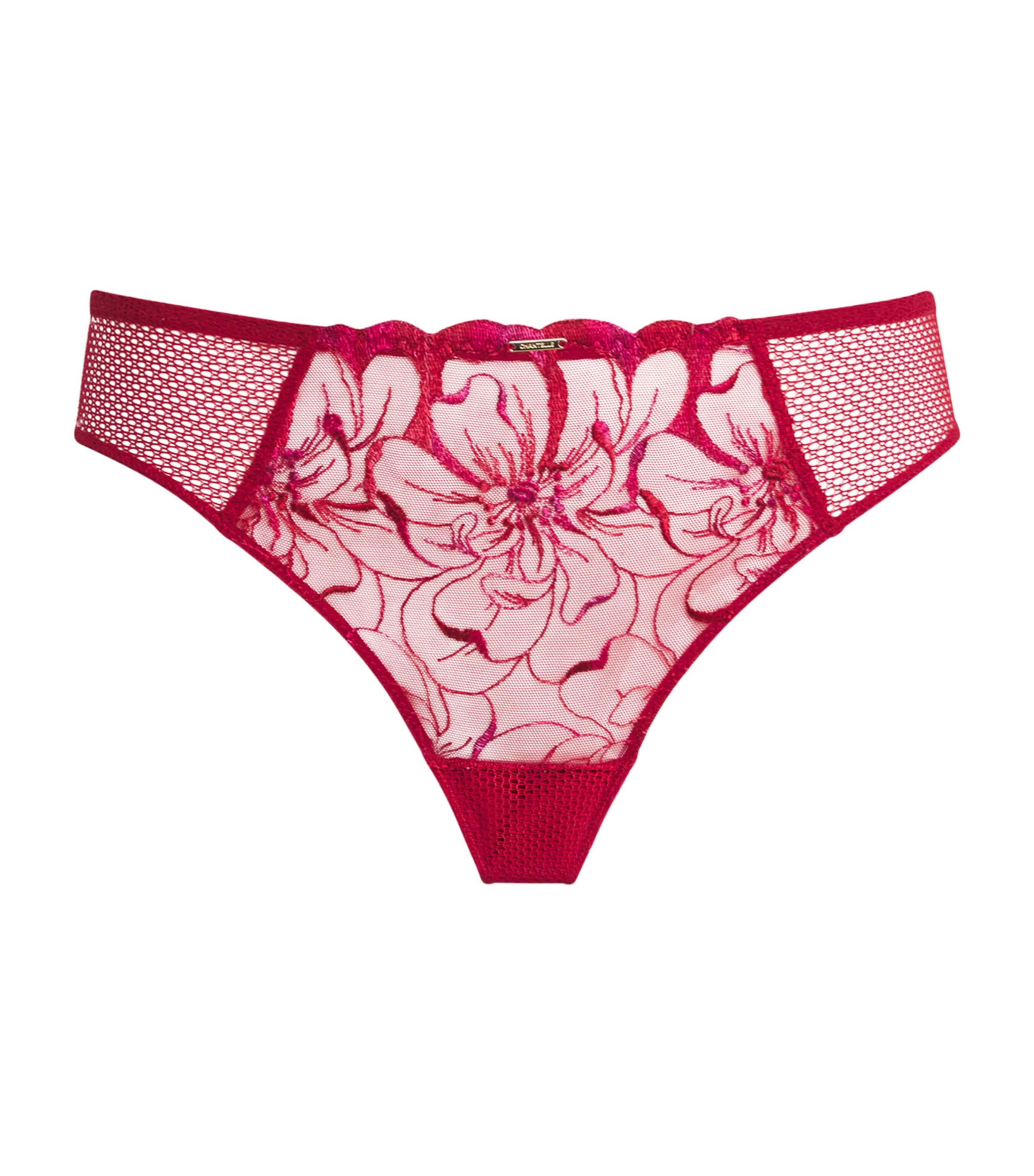 Chantelle Embroidered Fleurs Tanga In Burgundy