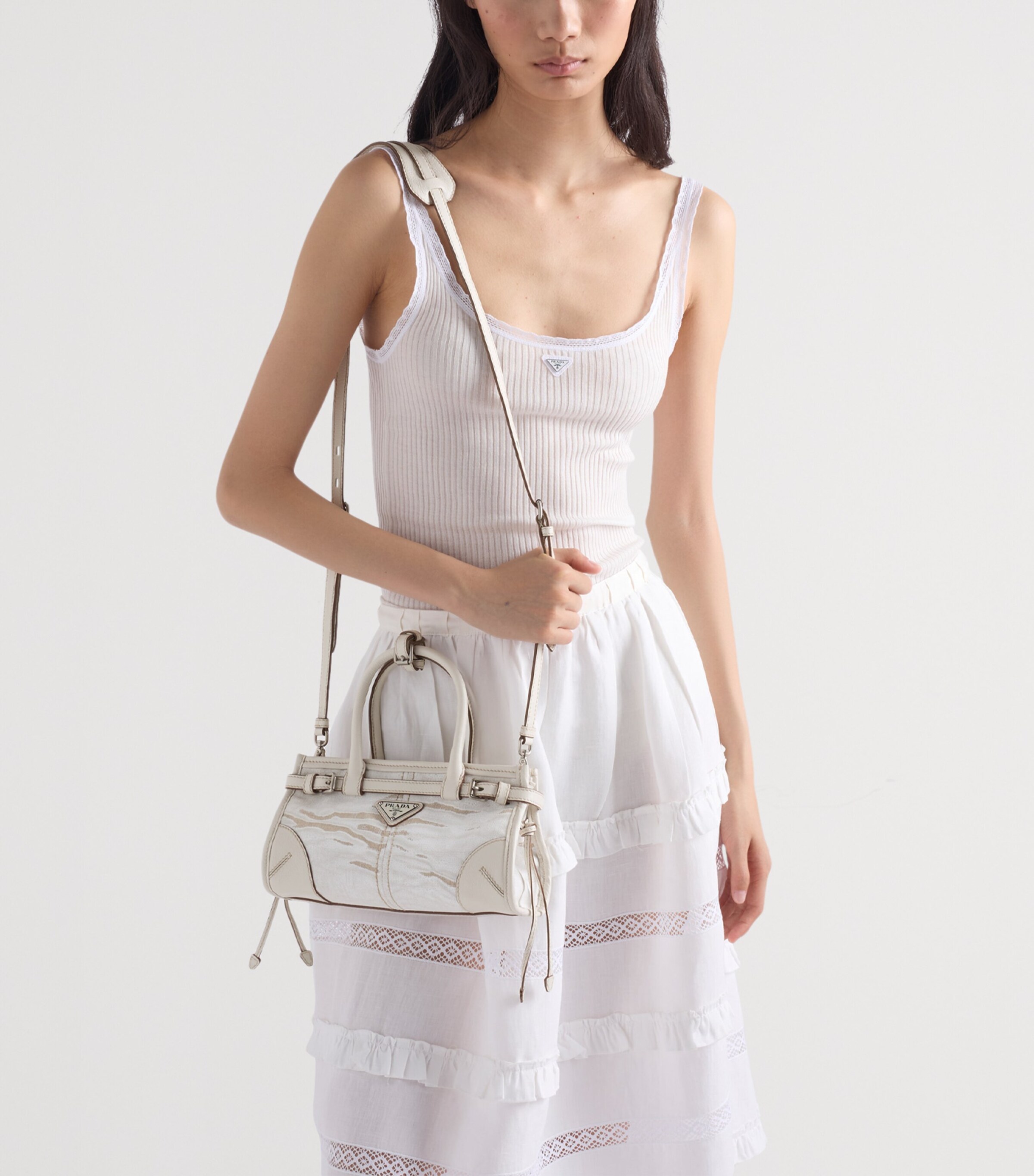 Prada Small Linen-Leather Bonnie Top-Handle Bag White Image 9