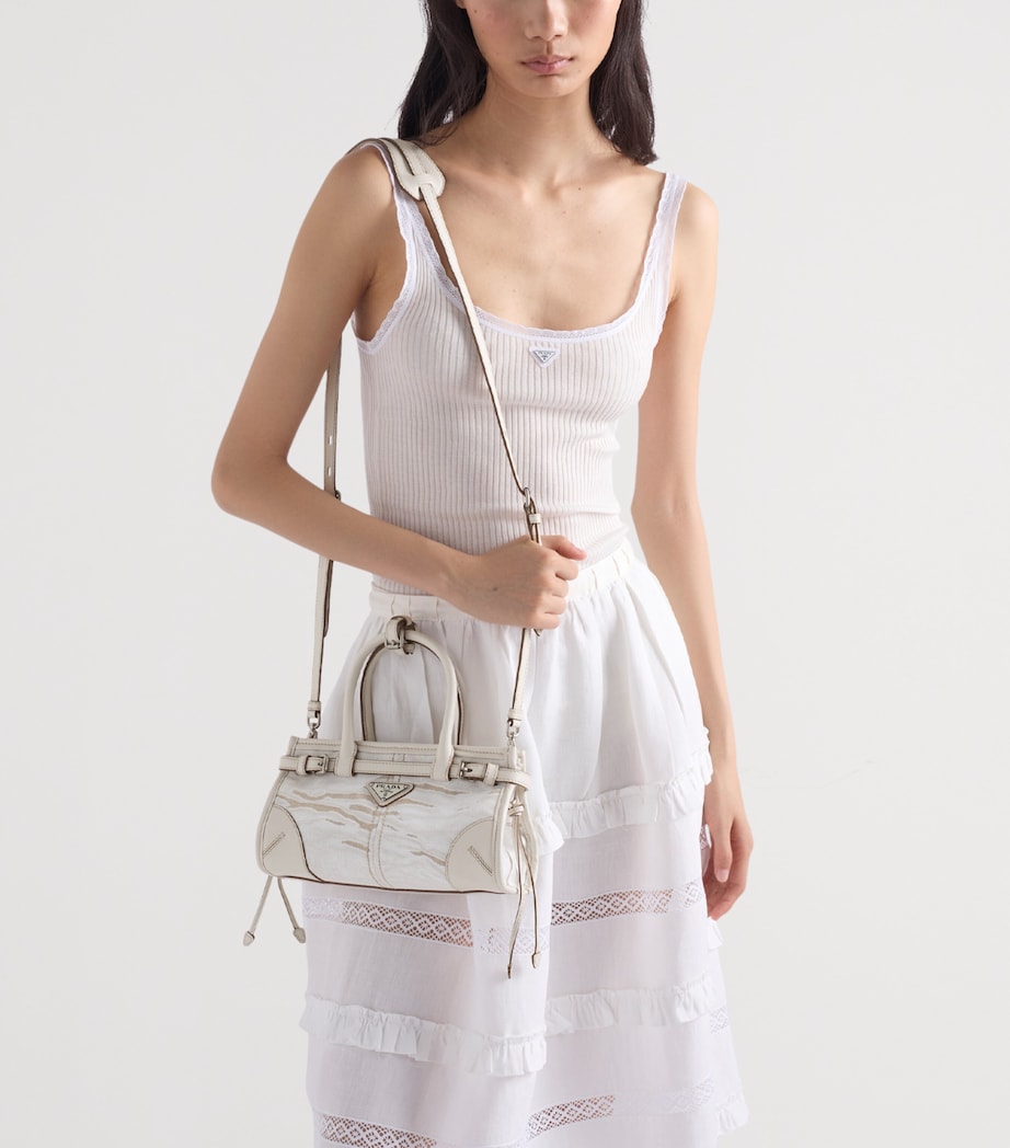 Prada Small Linen-Leather Bonnie Top-Handle Bag White Image 9