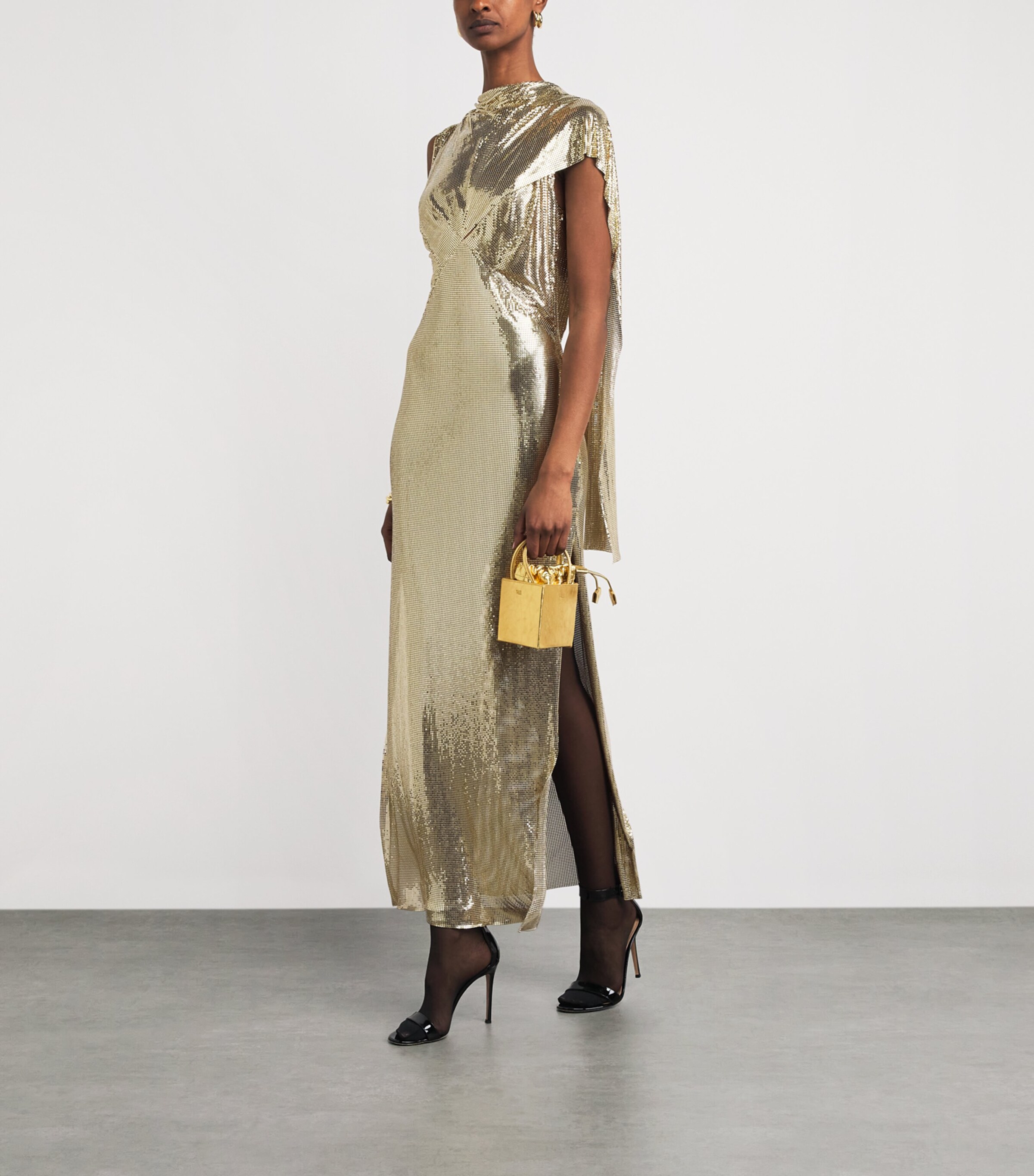 Rabanne Womens Chainmail Cape-Detail Gown Light Gold Image 2
