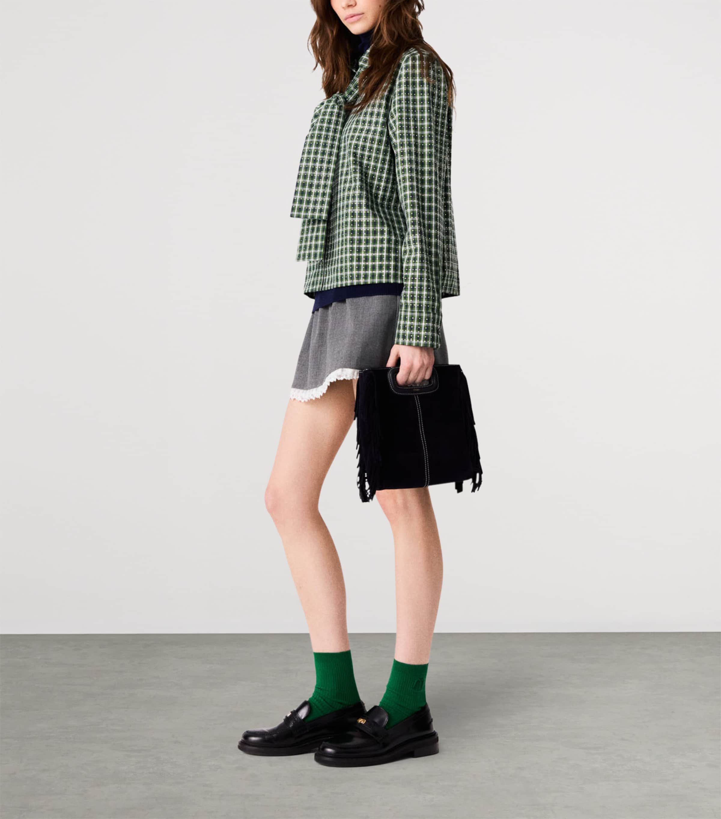 Maje Womens Cotton Check Embellished Shirt Green Image 3