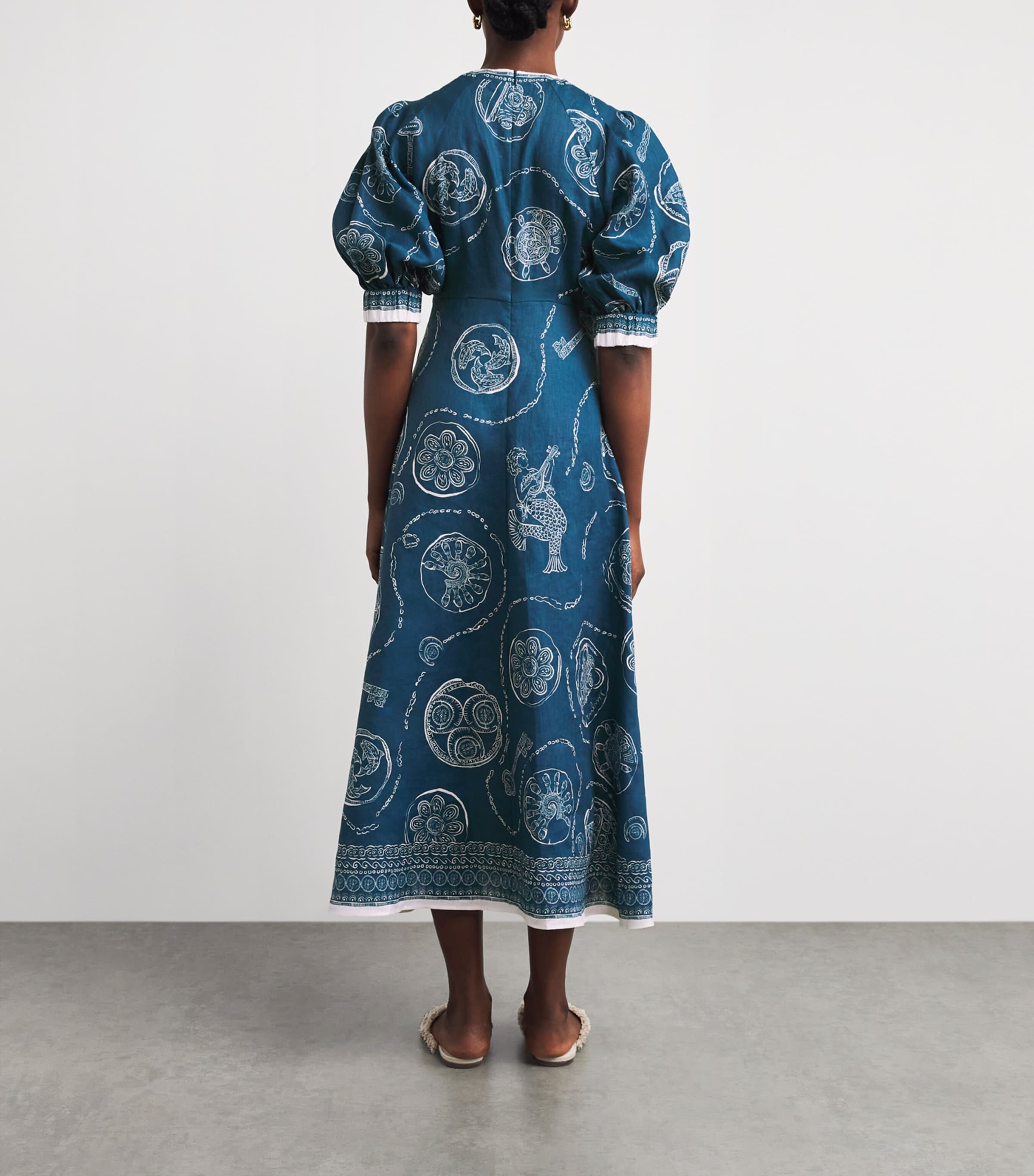 ALEMAIS Womens Linen Printed Lucky Midi Dress Blue Image 4