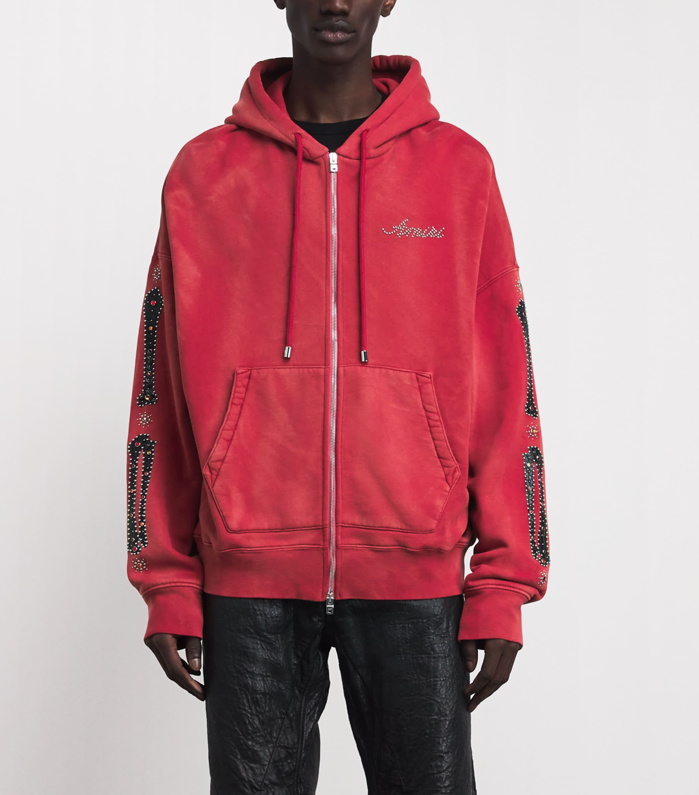 AMIRI Mens Stretch-Cotton Bones Studded Oversized Hoodie Red Rose Image 3