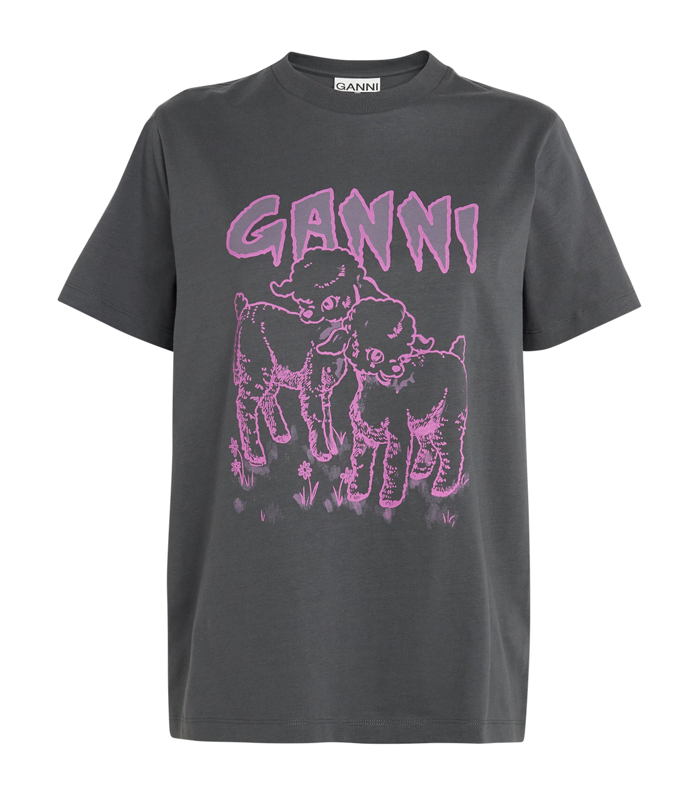 Ganni Lamb Print T-shirt In Black