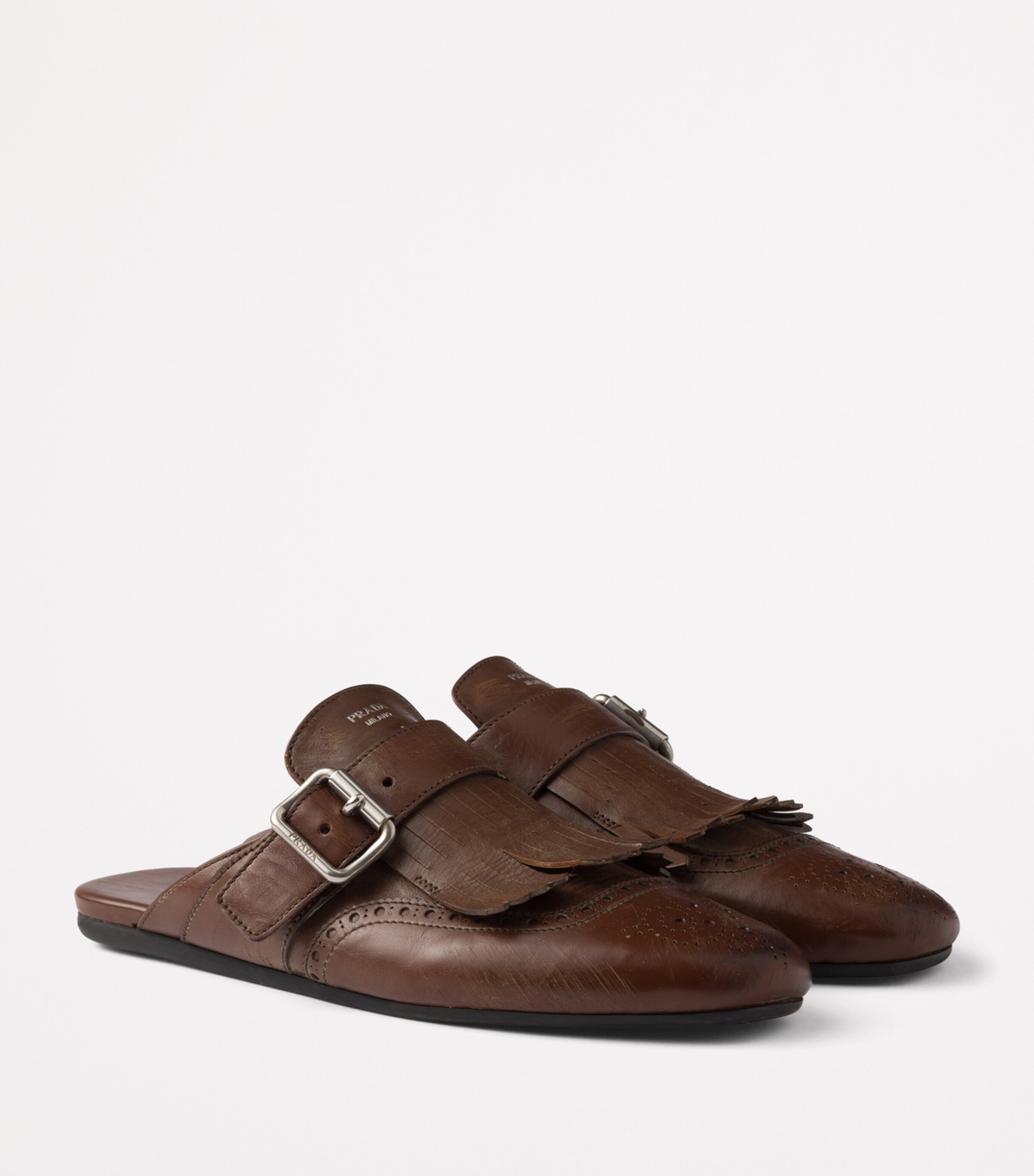 Prada Shuffle Fringed Leather Mules In Brown