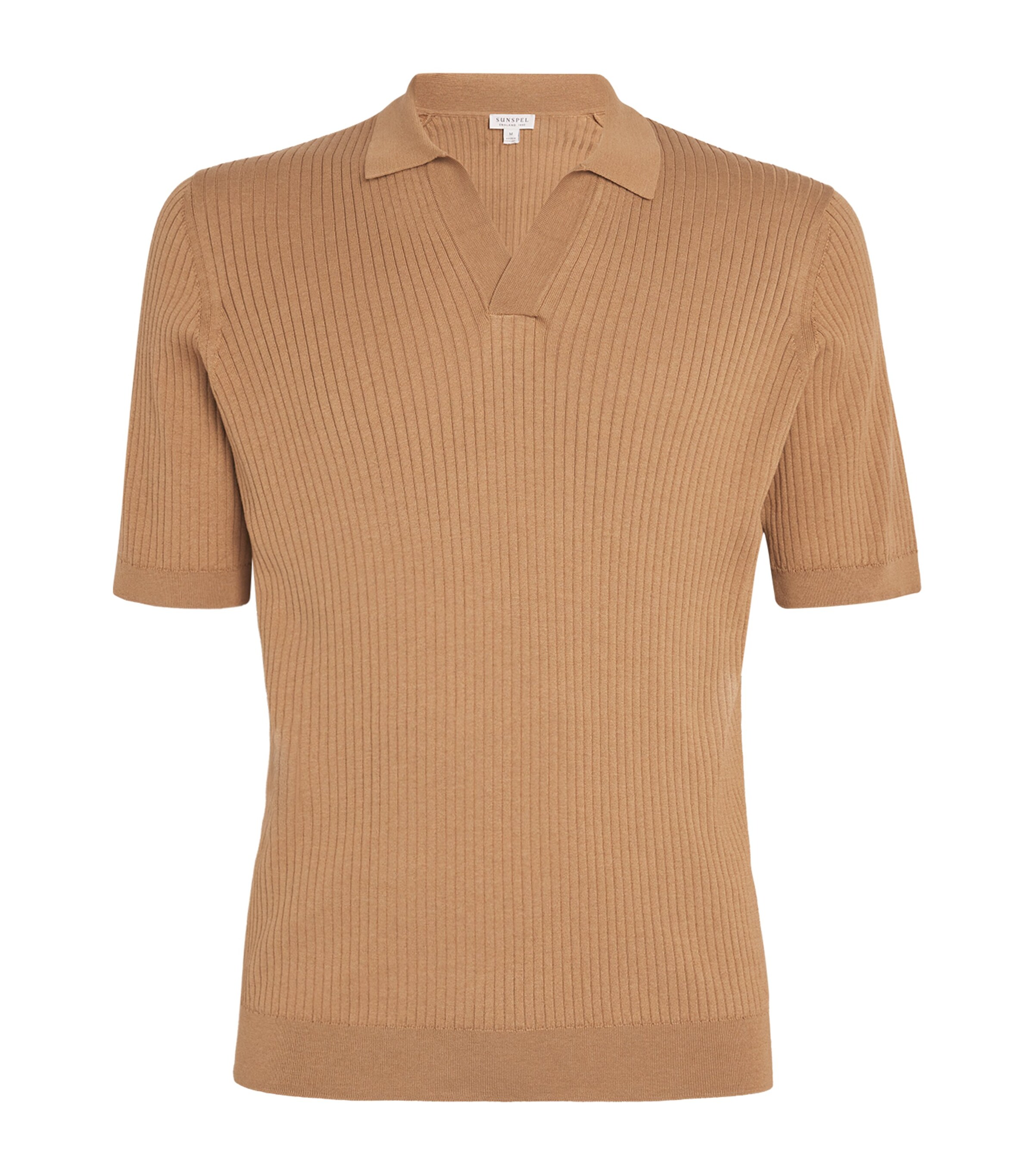 Sunspel Mens Silk-Cotton Rib-Knit Polo Shirt Brfz Dune Image 1