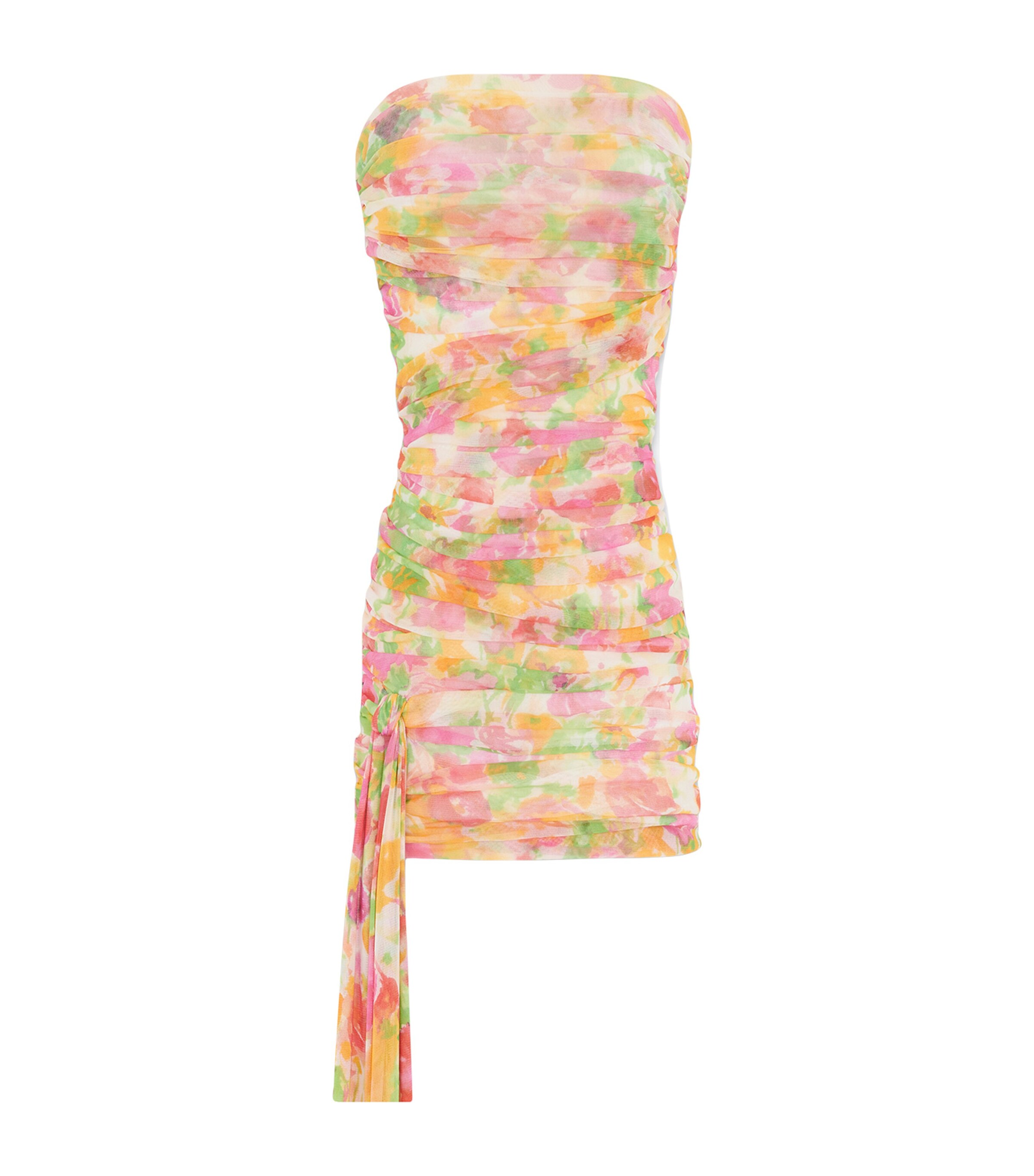 Saint Laurent Strapless Asymmetric Ruched Floral-print Tulle Mini Dress In White