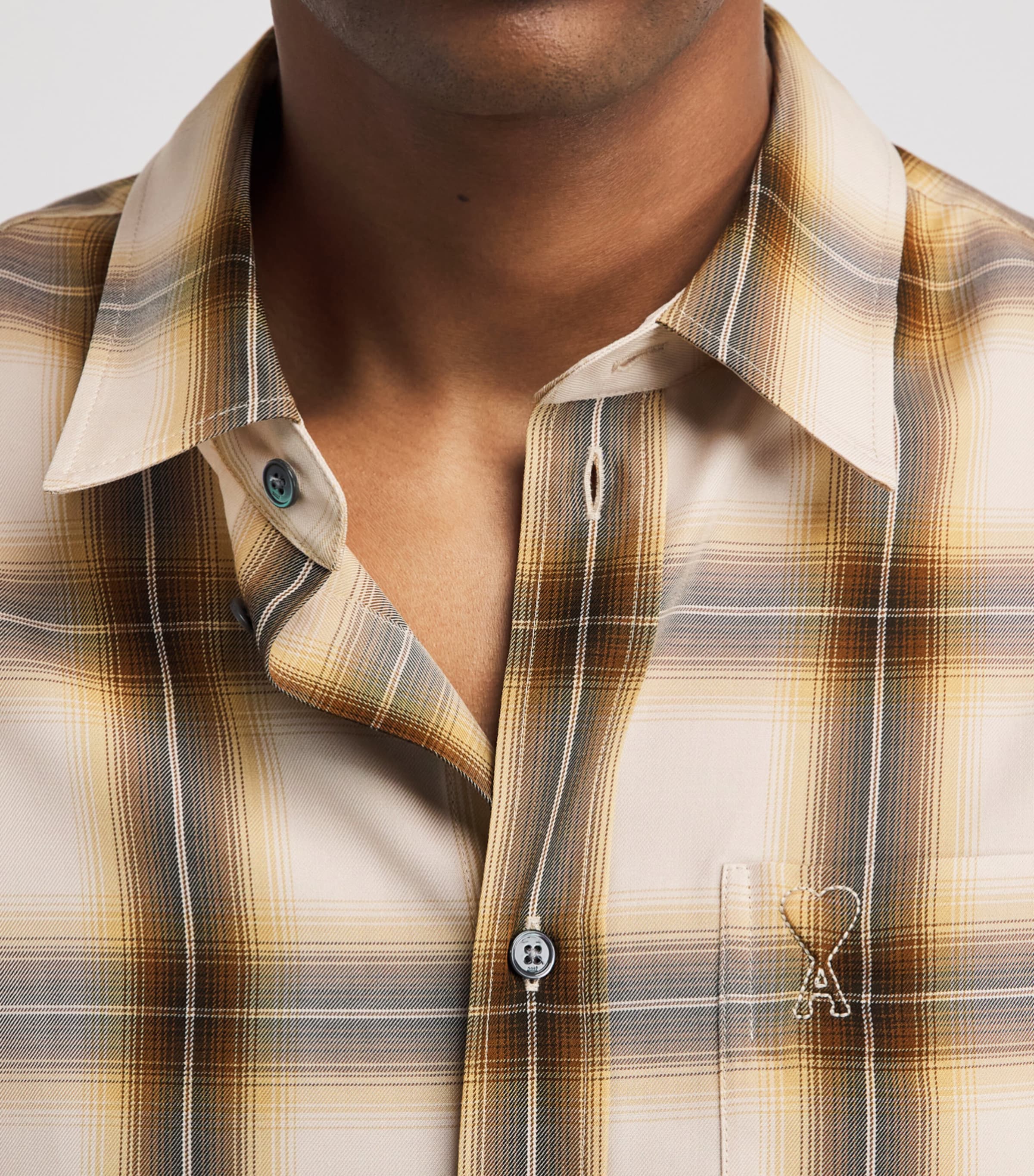 AMI Paris Mens Check Short-Sleeve Shirt Taup Beig/carml Image 3