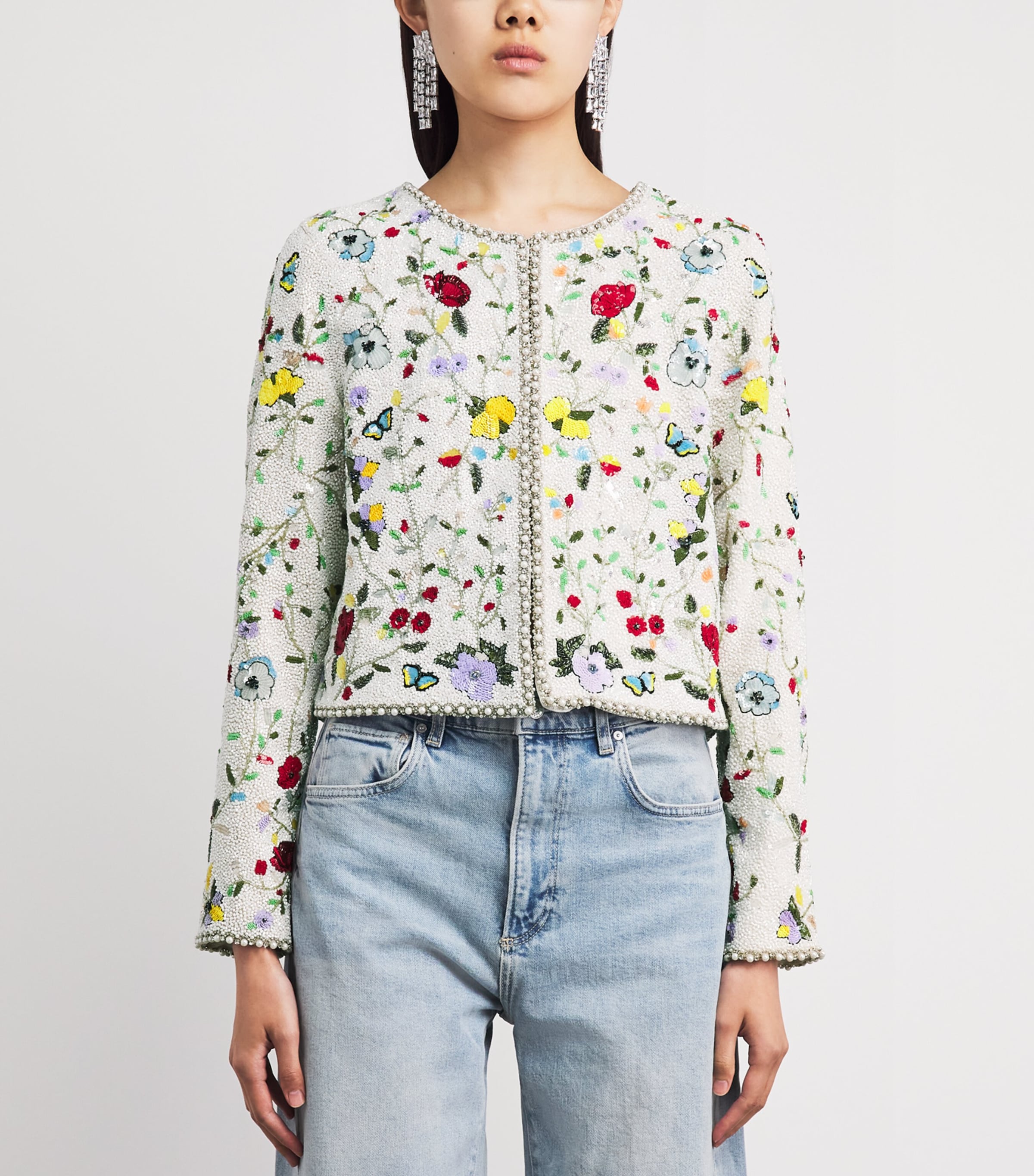 Alice+Olivia Womens Embellished Floral Kidman Jacket Twstng Vines Off Wht Image 4