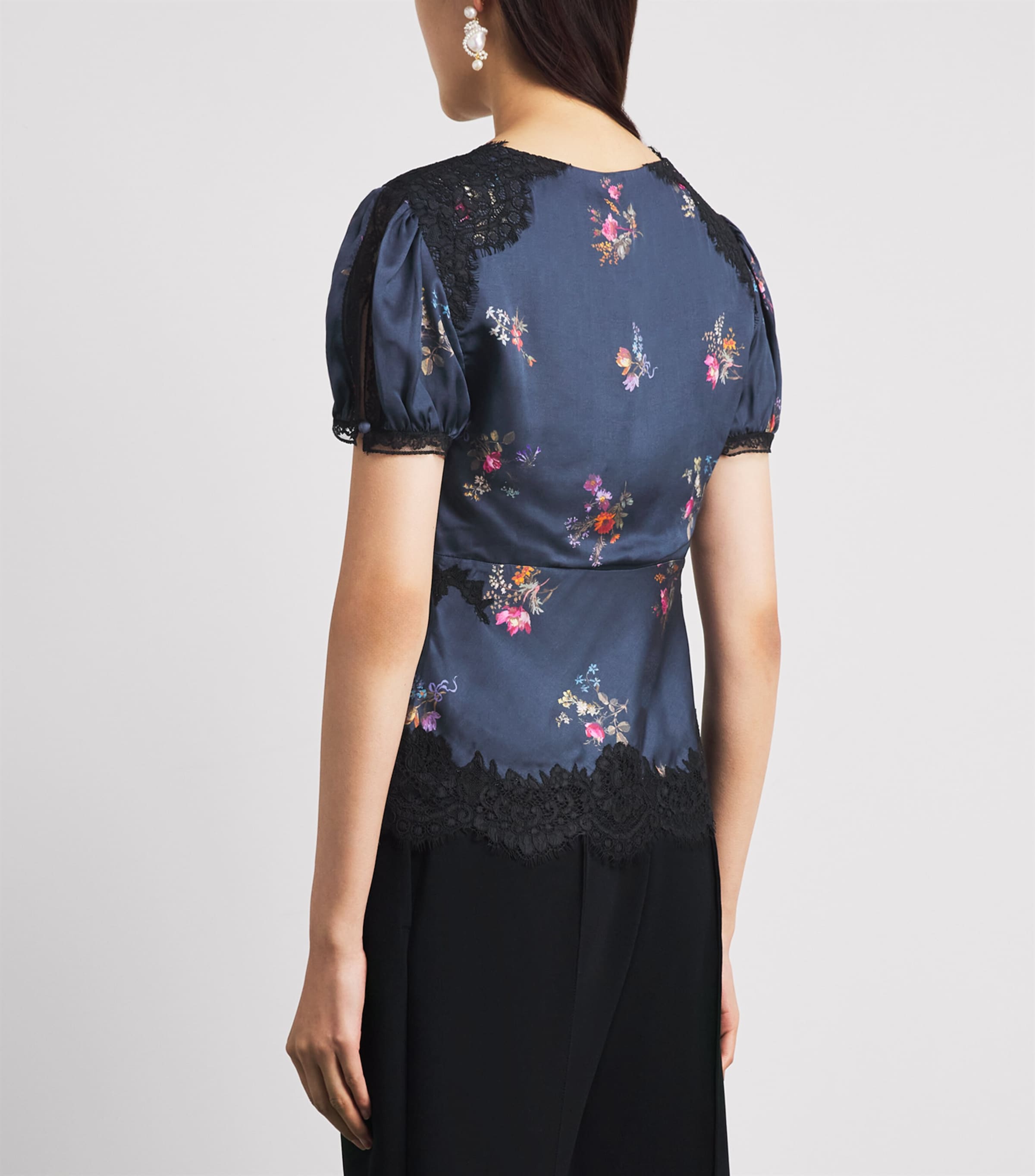 Self-Portrait Womens Satin-Lace Floral Blouse Navy Image 5
