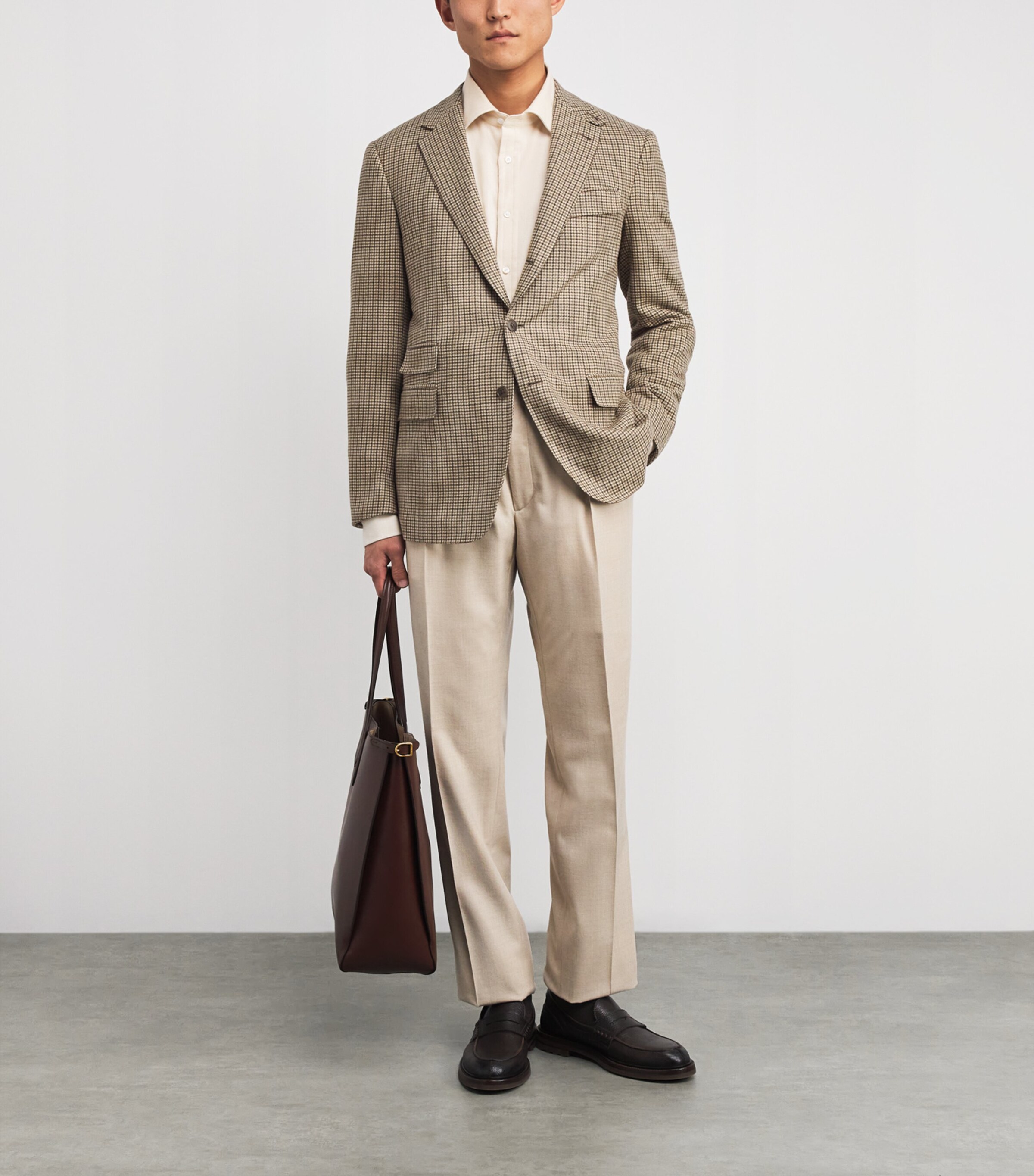 Ralph Lauren Purple Label Mens Cotton Herringbone Shirt Cream Melange Grey Image 2