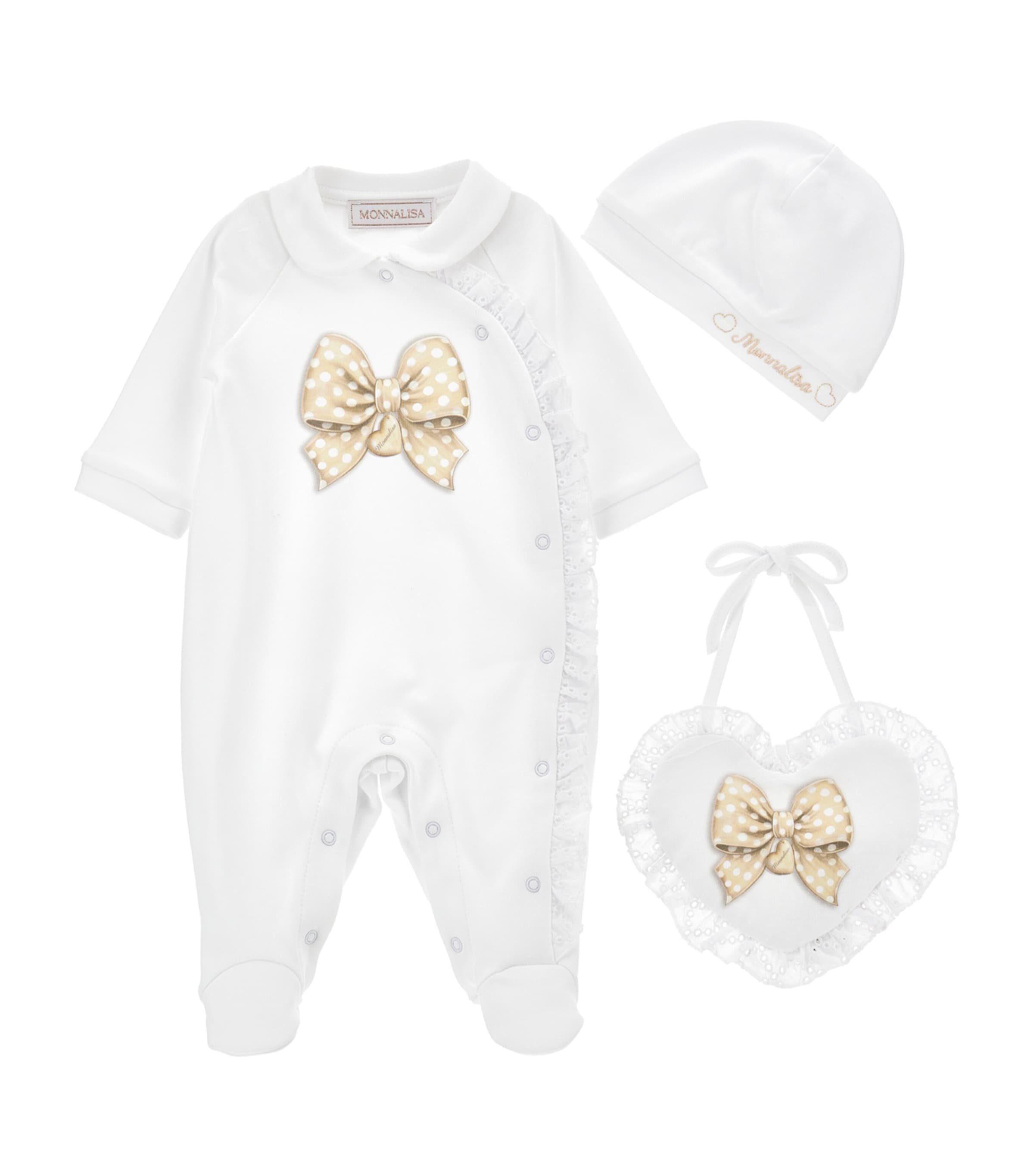 Monnalisa Cotton All-in-one, Hat And Bib Set In White
