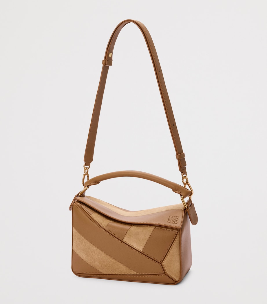 Small Leather Stripe Puzzle Edge Top-Handle Bag OAK Image 5