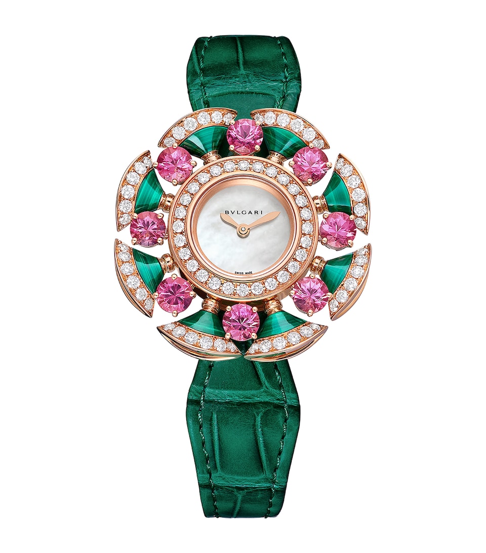 Rose Gold, Diamond, Tourmaline and Malachite Divas' Dream Cocktail Watch 33mm