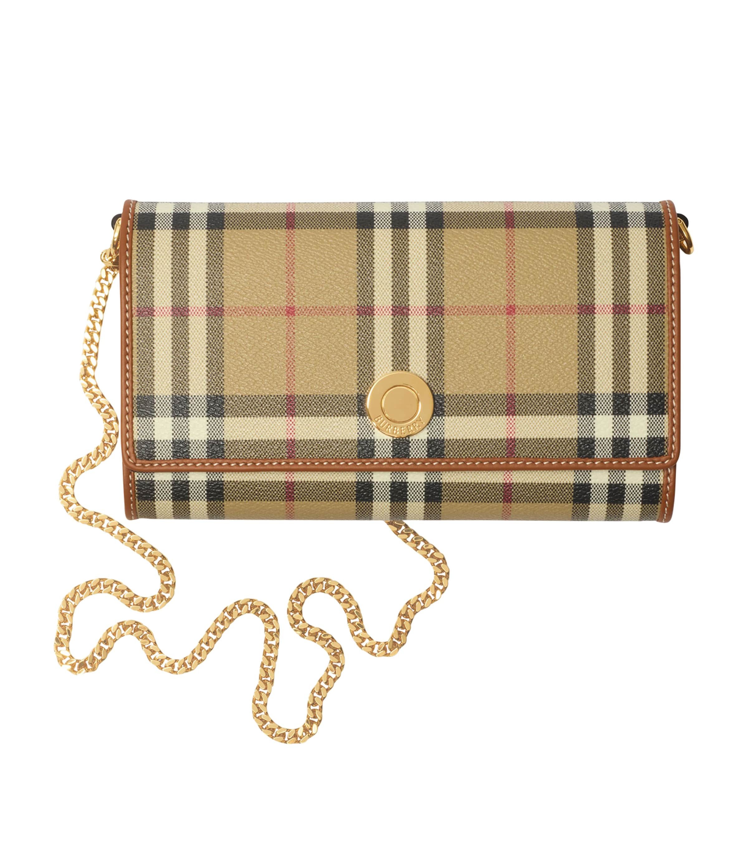 Burberry Hannah Check Coated Canvas Wallet On A Chain In Brown