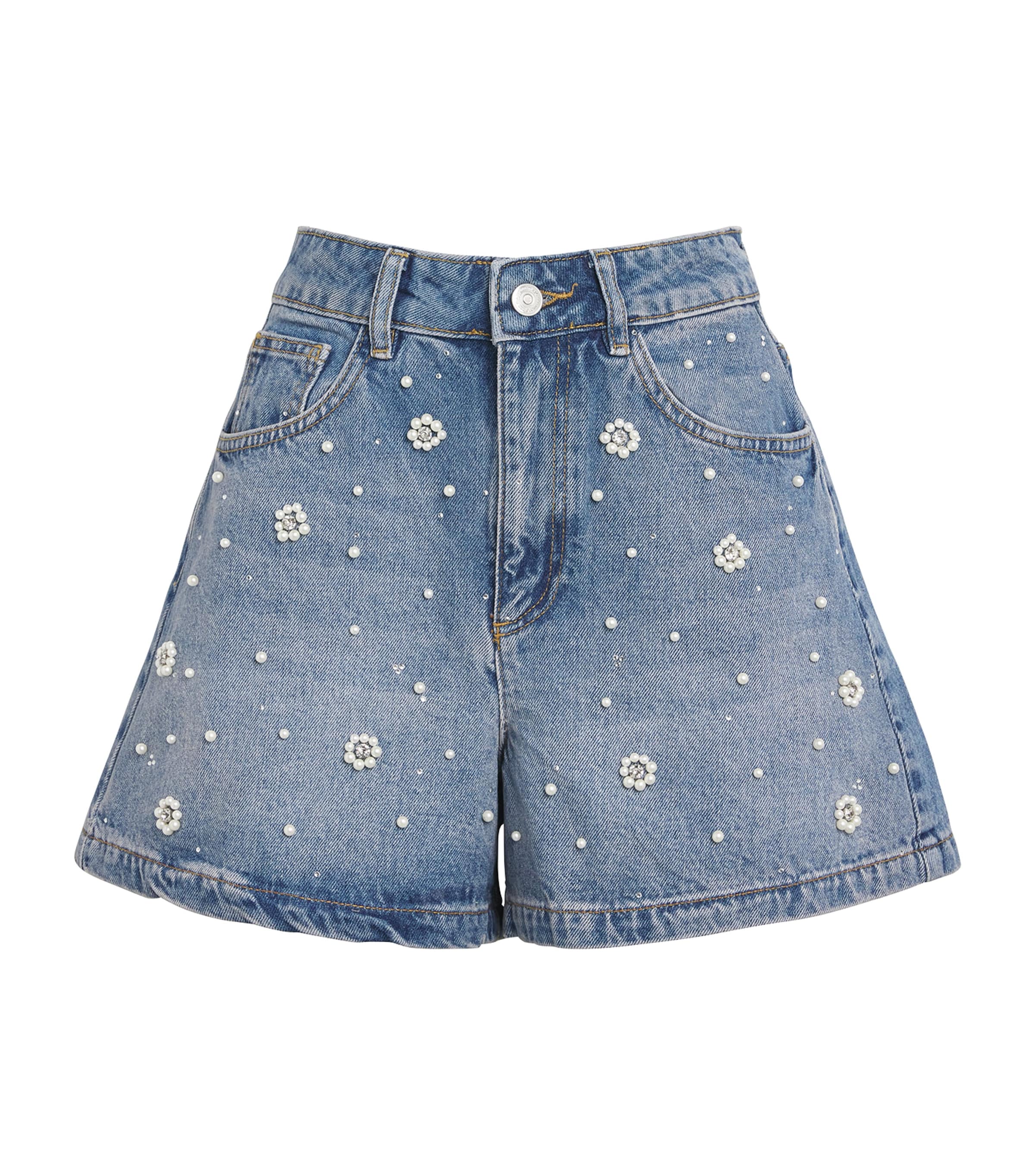 Maje Embellished Wide-leg Denim Shorts In Blue