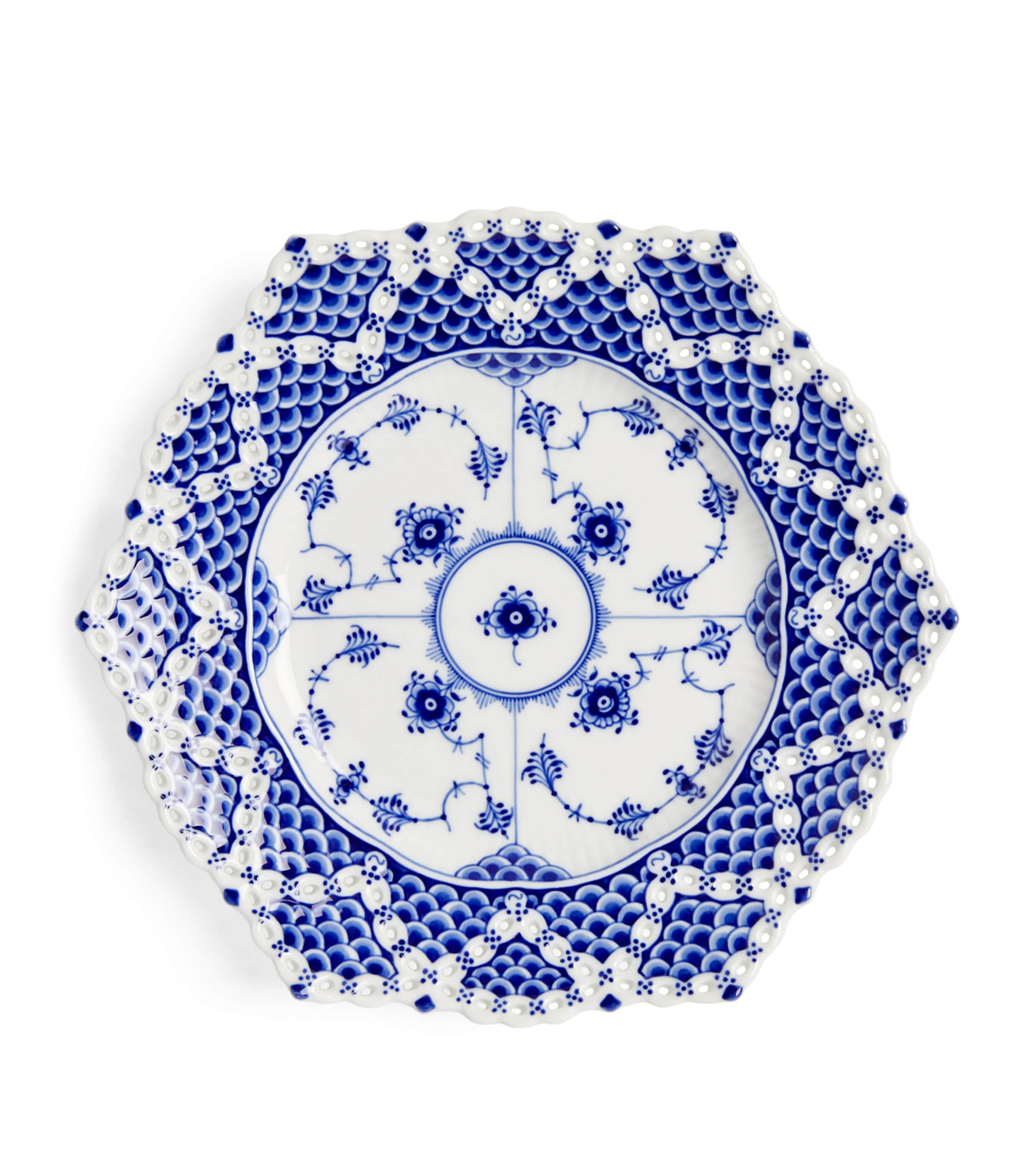 Royal Copenhagen Blue Fluted Full Lace Hexagonal Porcelain Plate 21cm In Blue