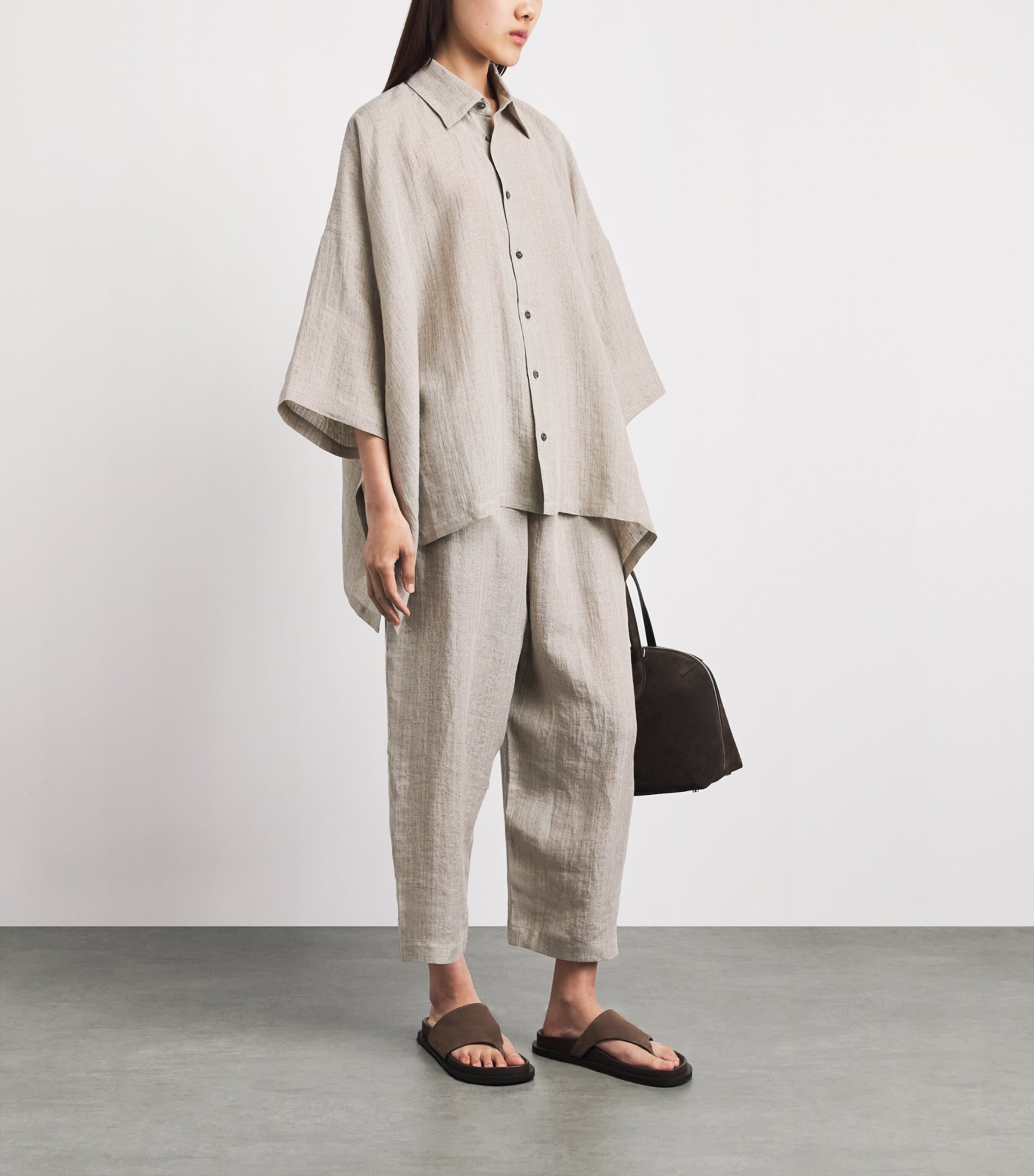 Eskandar Womens Linen-Blend Stripe Shirt Natural Image 2
