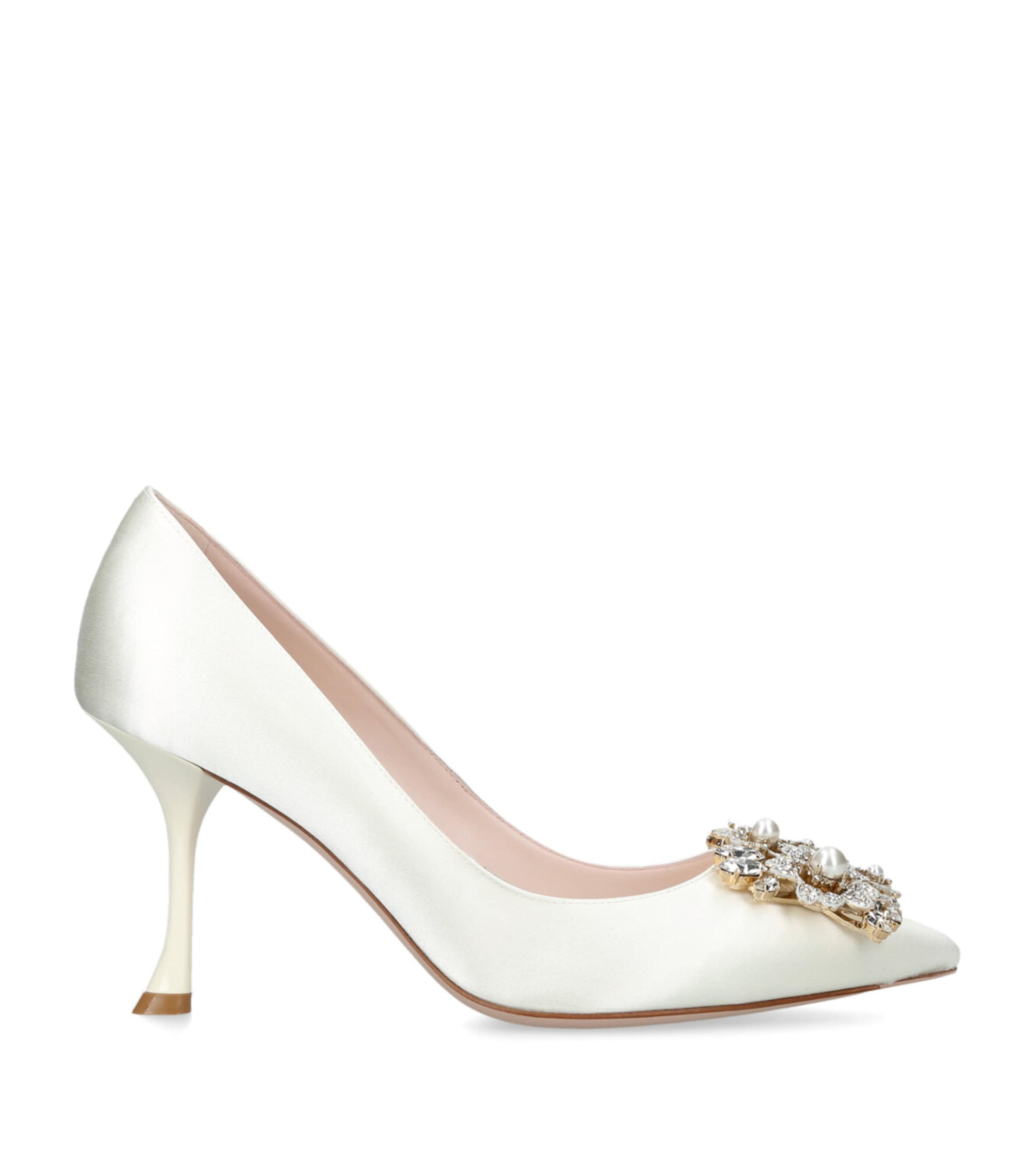 Roger Vivier Satin Rv Bouquet Strass Buckle Pumps 85 In Beige