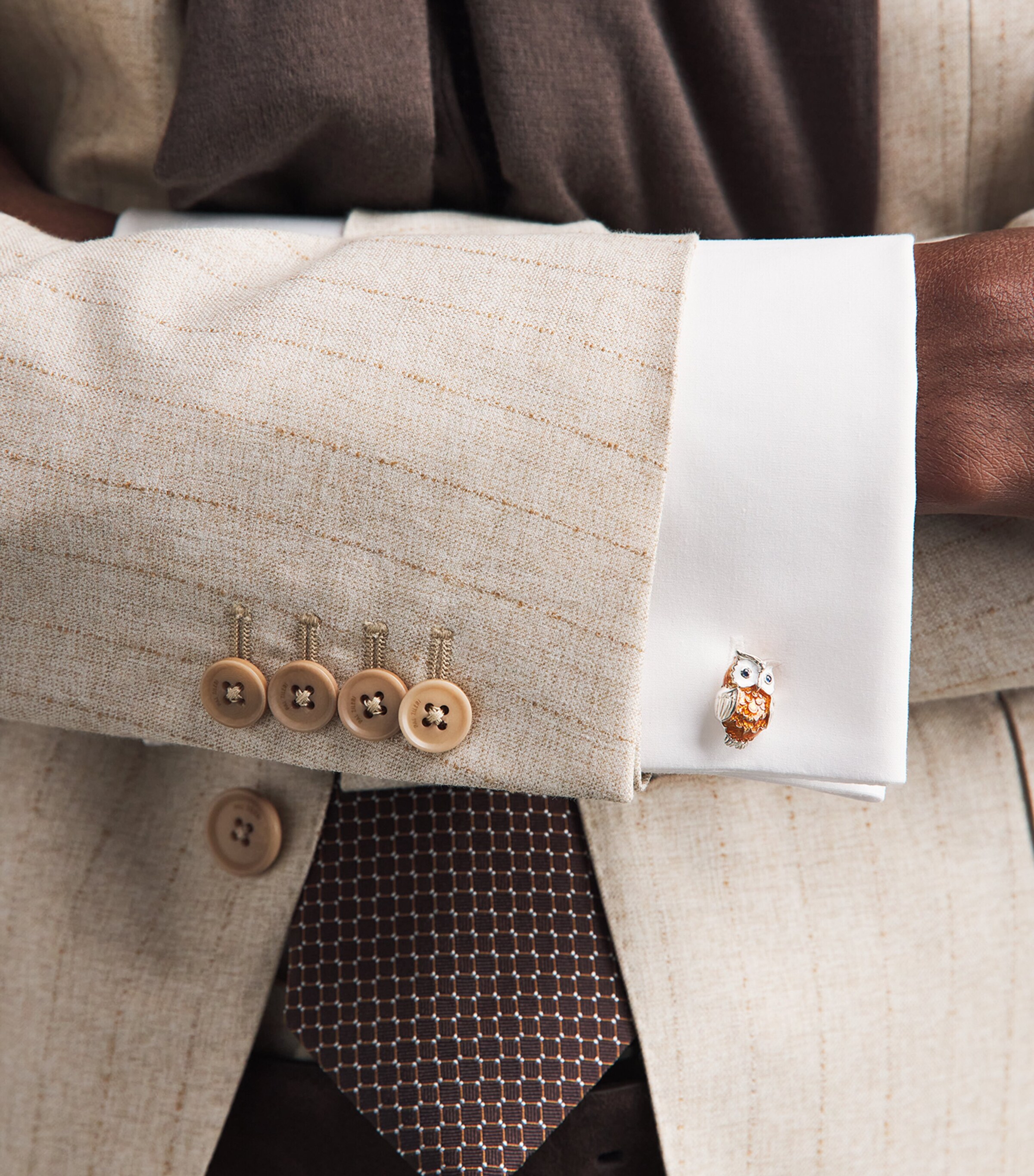 Deakin & Francis Sterling Silver and Sapphire Owl Cufflinks Brown Image 2