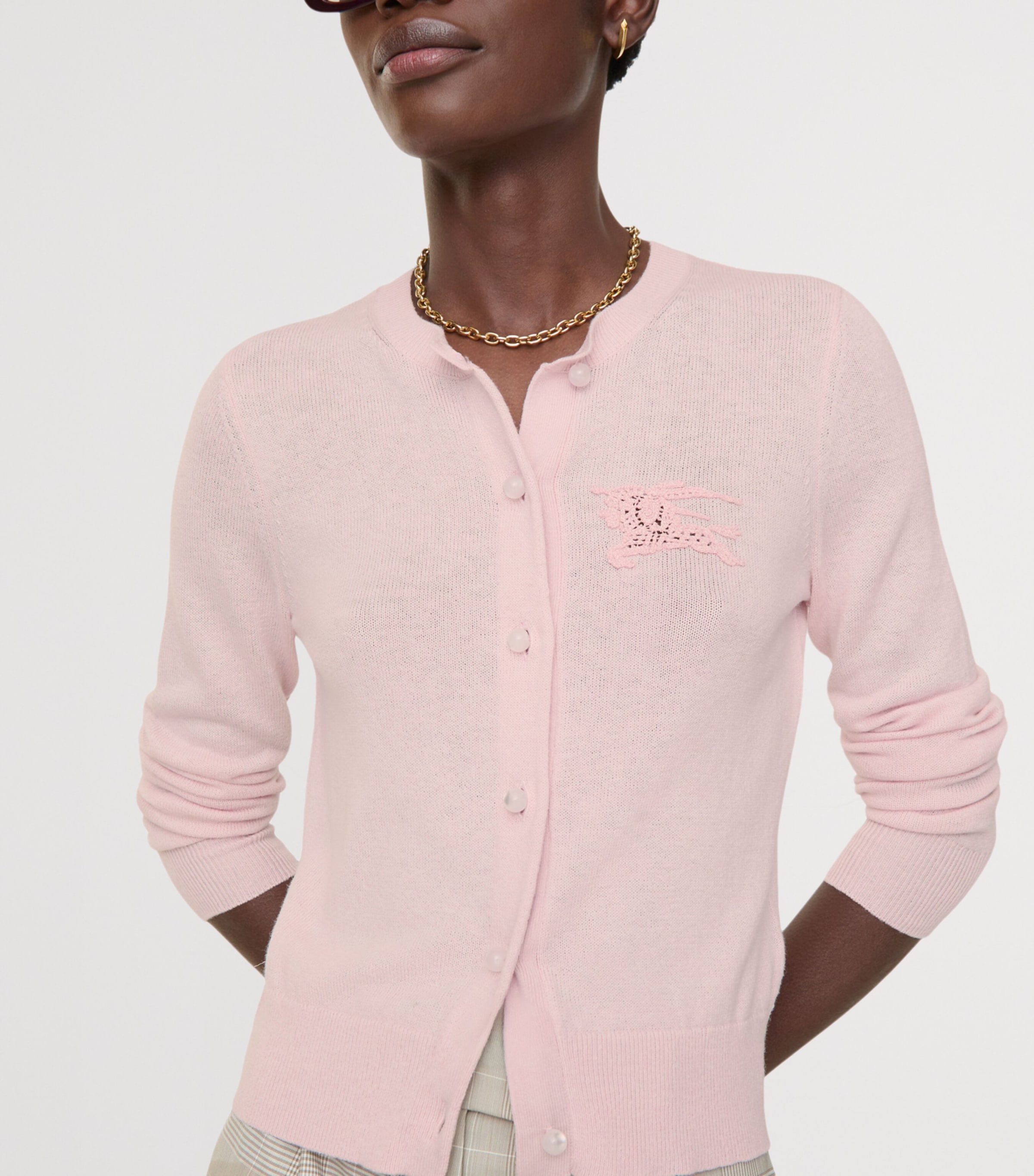 Burberry Womens Wool-Cotton Crochet EKD Cardigan Mallow Pink Image 3