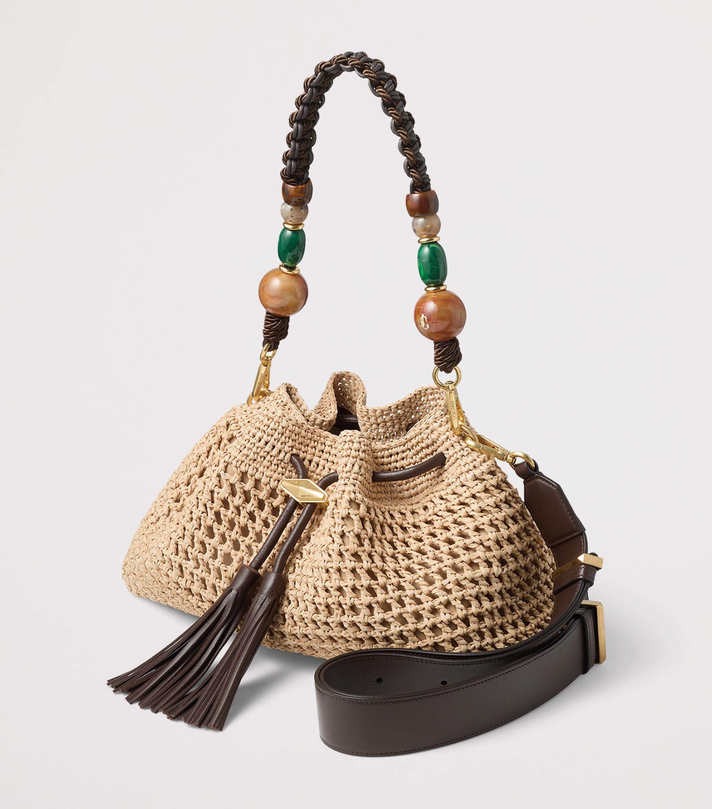 Jimmy Choo Medium Raffia Crochet Cinch Bucket Bag Natural/chocolate/go Image 2