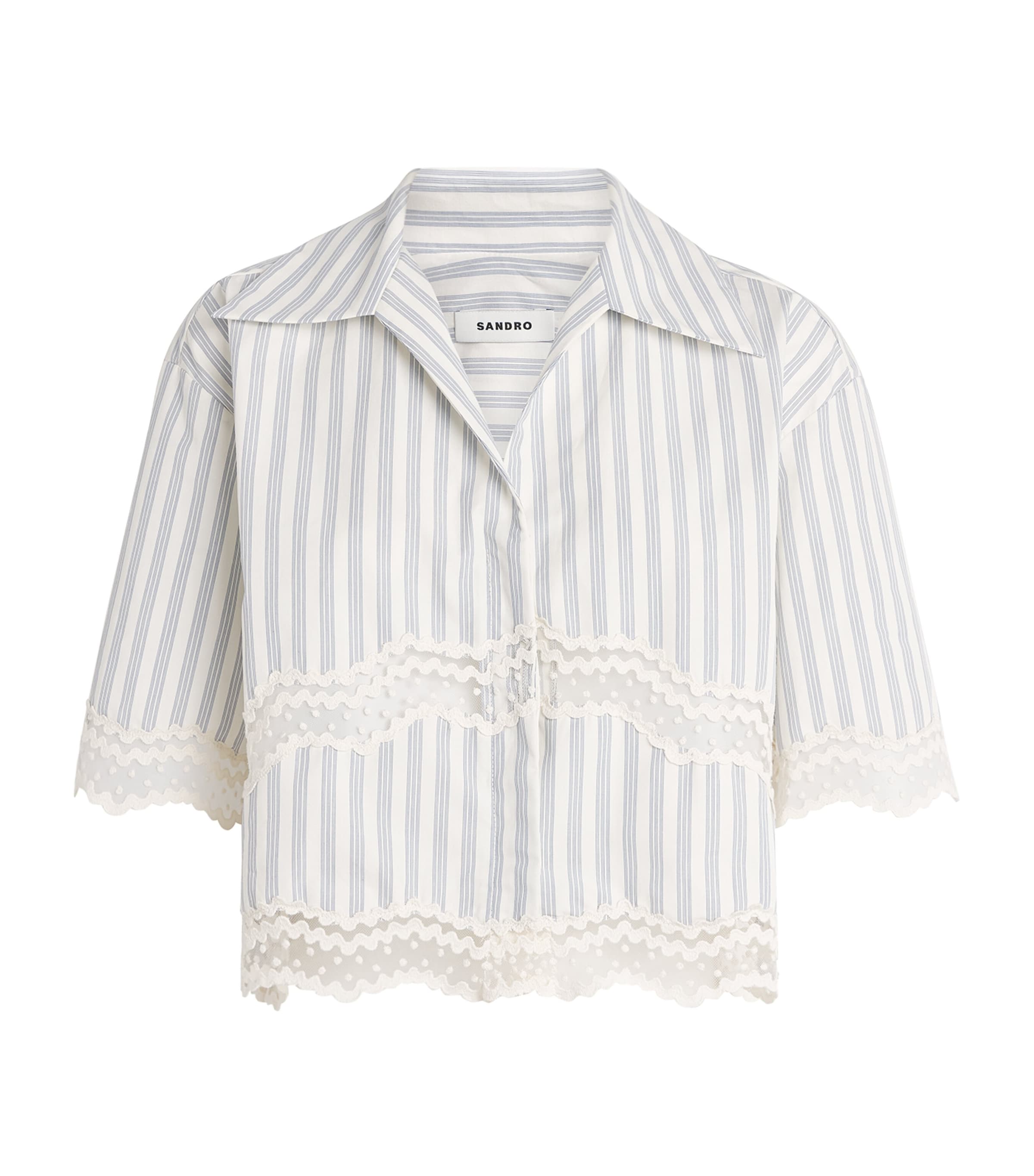 Sandro Paris Womens Cotton Stripe Embroidered Shirt Ecru / Bleu Image 1