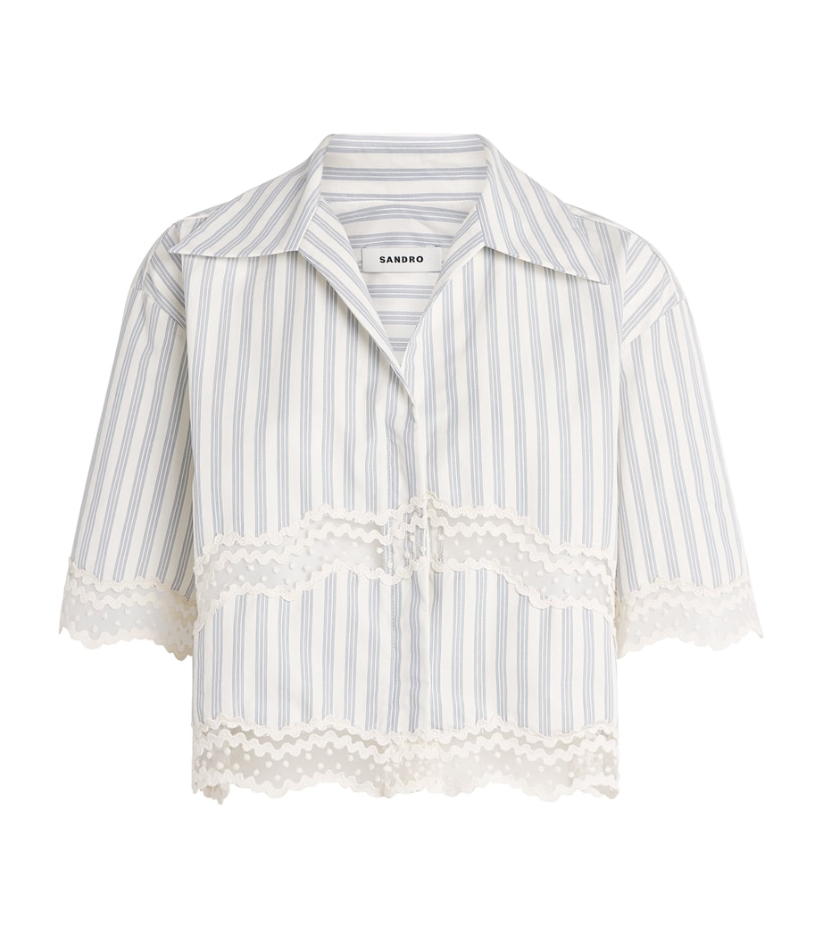 Sandro Paris Womens Cotton Stripe Embroidered Shirt Ecru / Bleu Image 1