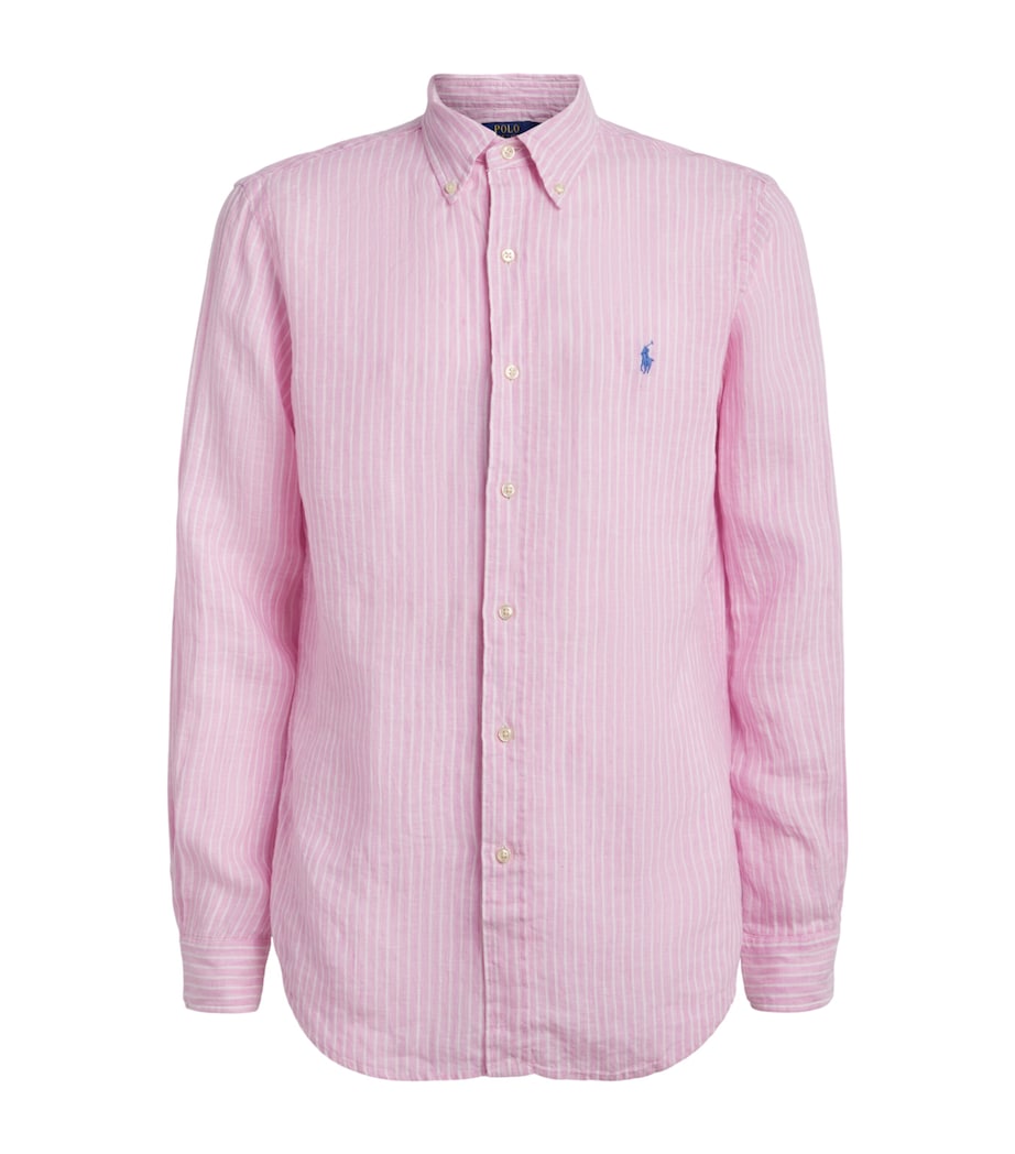 Polo Ralph Lauren Mens Linen Custom-Fit Stripe Shirt Pink White Image 1