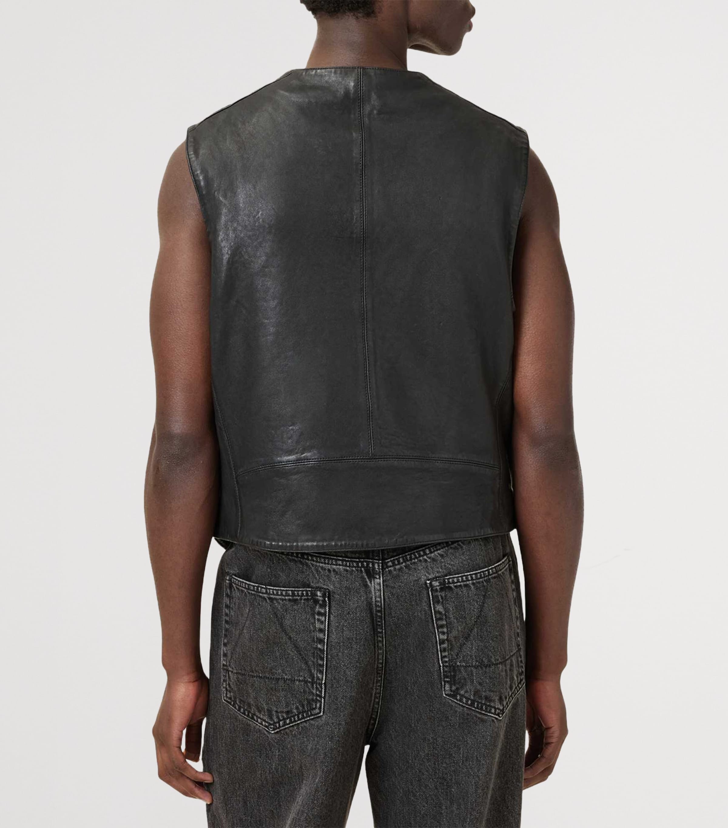 AllSaints Mens Leather Davies Waistcoat Black Image 4