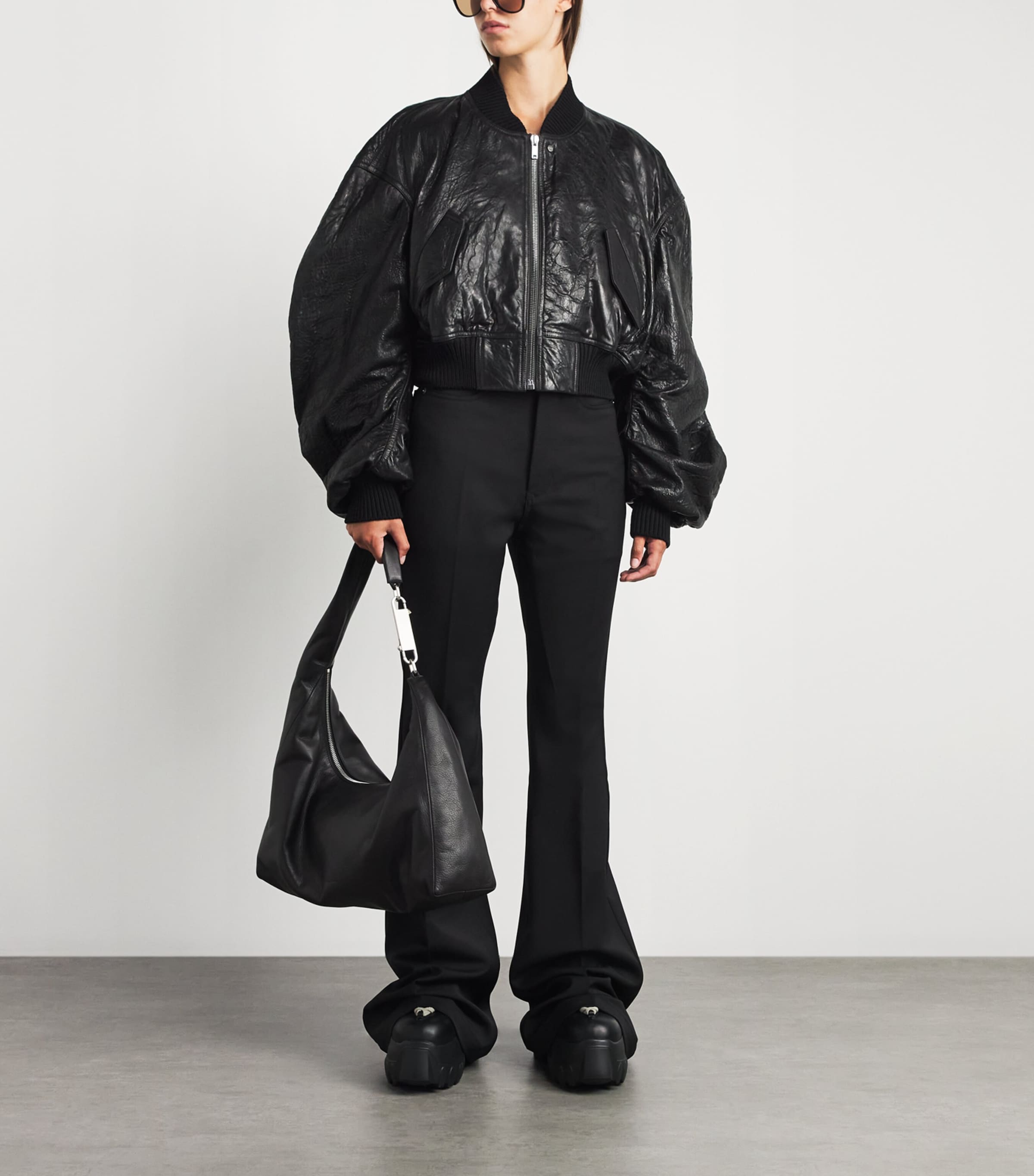 Rick Owens Womens Crinkled Leather Bomber Jacket Black Image 2
